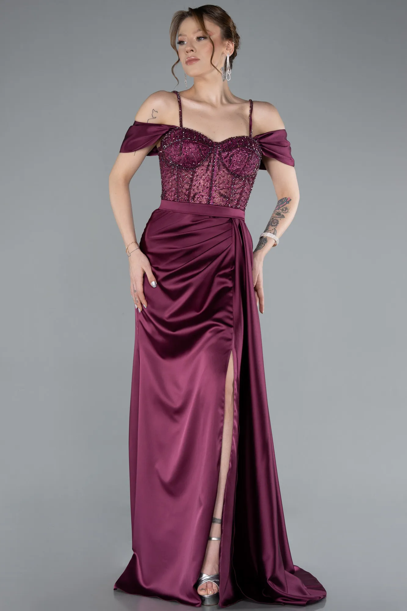 Fuchsia-Glittery Underwire Slit Long Satin Evening Gown ABU4801