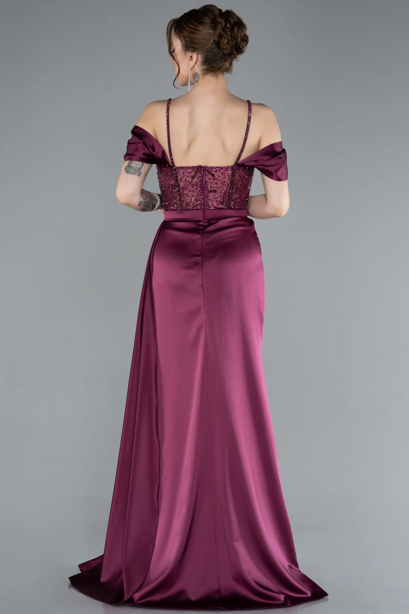 Fuchsia-Glittery Underwire Slit Long Satin Evening Gown ABU4801