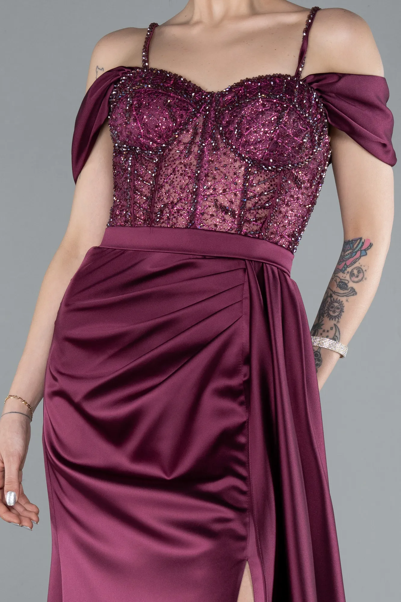 Fuchsia-Glittery Underwire Slit Long Satin Evening Gown ABU4801