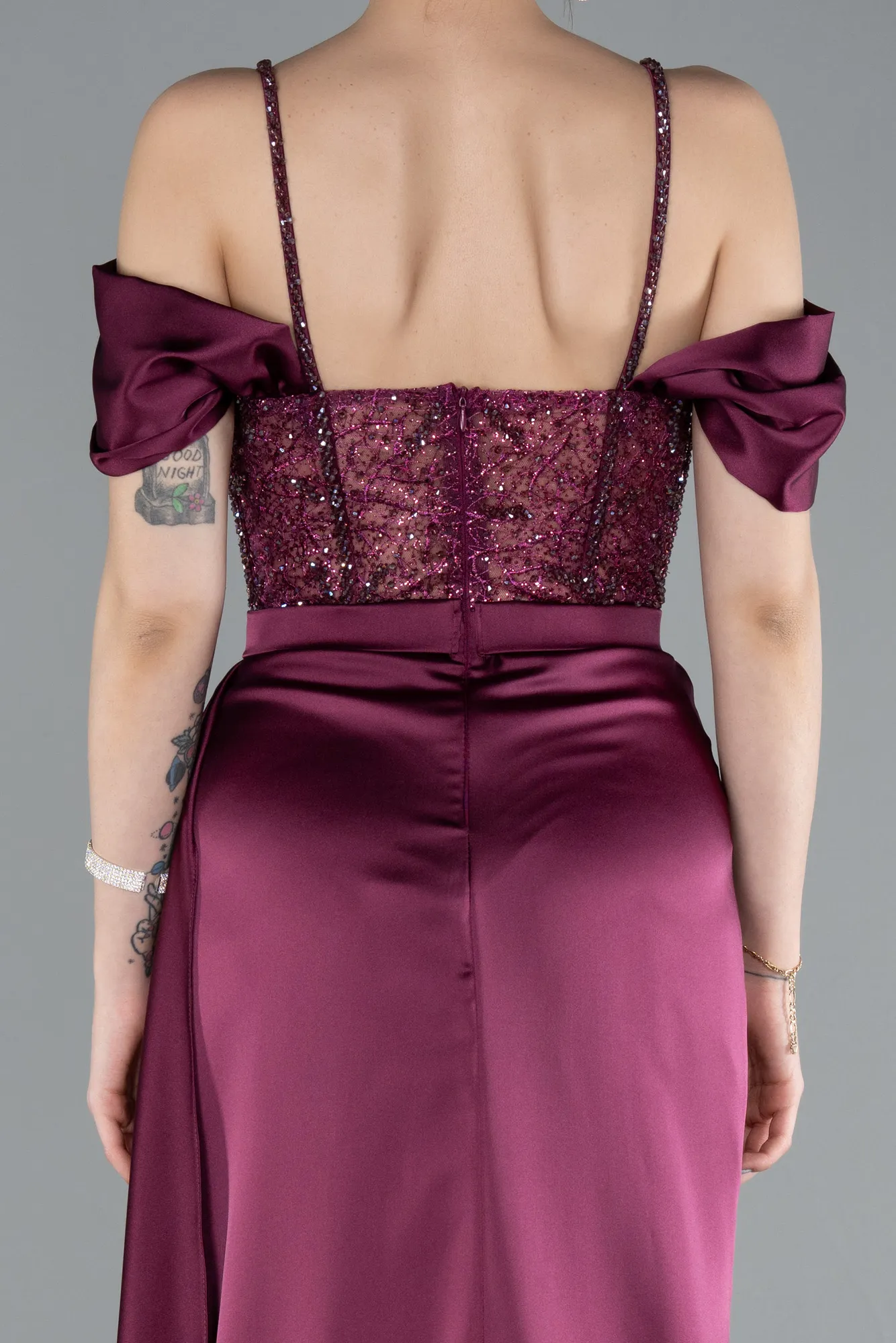 Fuchsia-Glittery Underwire Slit Long Satin Evening Gown ABU4801