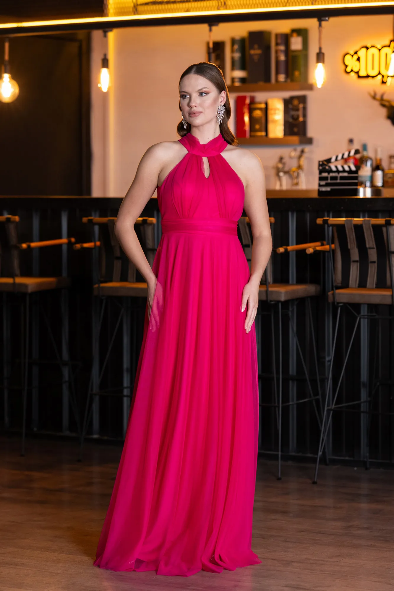 Fuchsia-Halter Neck Long Graduation Prom Dress ABU3252