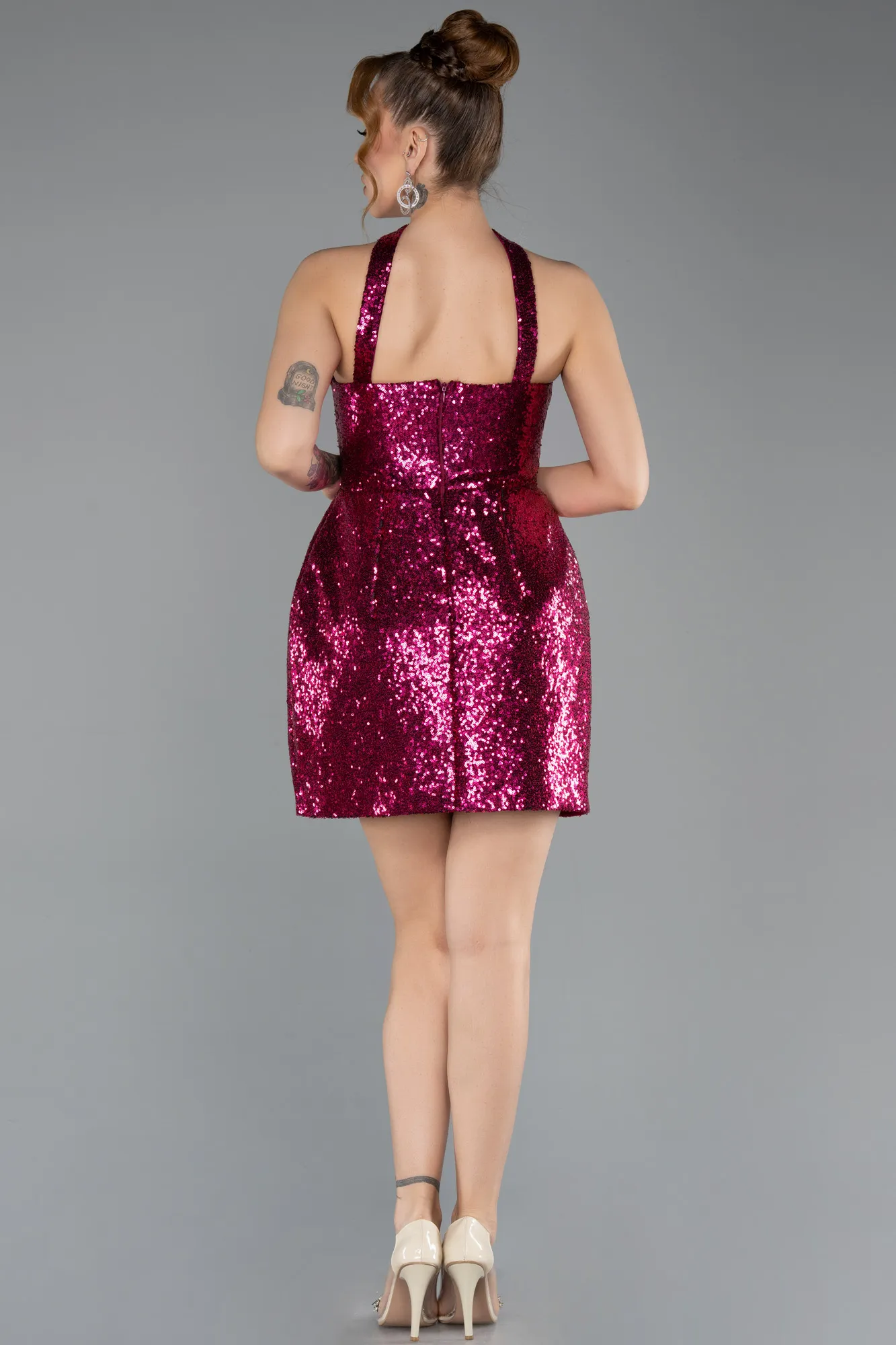 Fuchsia-Halter Neck Mini Sequin Party Dress ABK2201