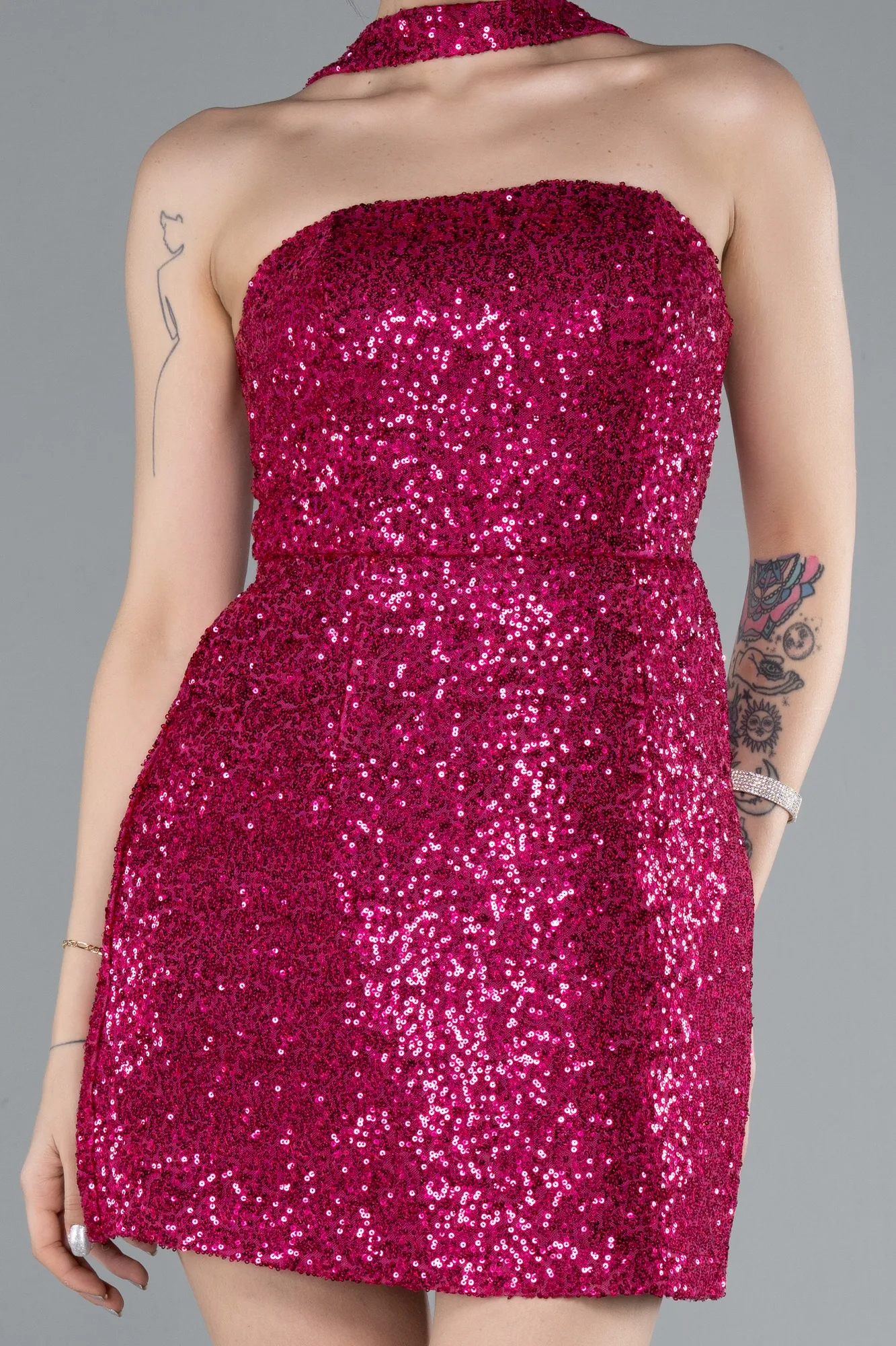 Fuchsia-Halter Neck Mini Sequin Party Dress ABK2201