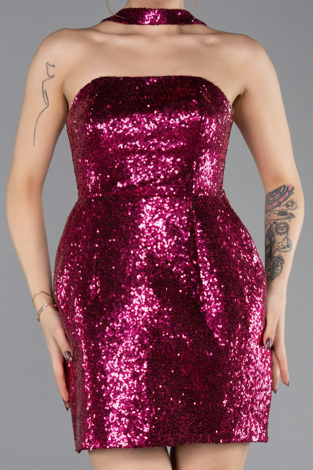 Fuchsia-Halter Neck Mini Sequin Party Dress ABK2201