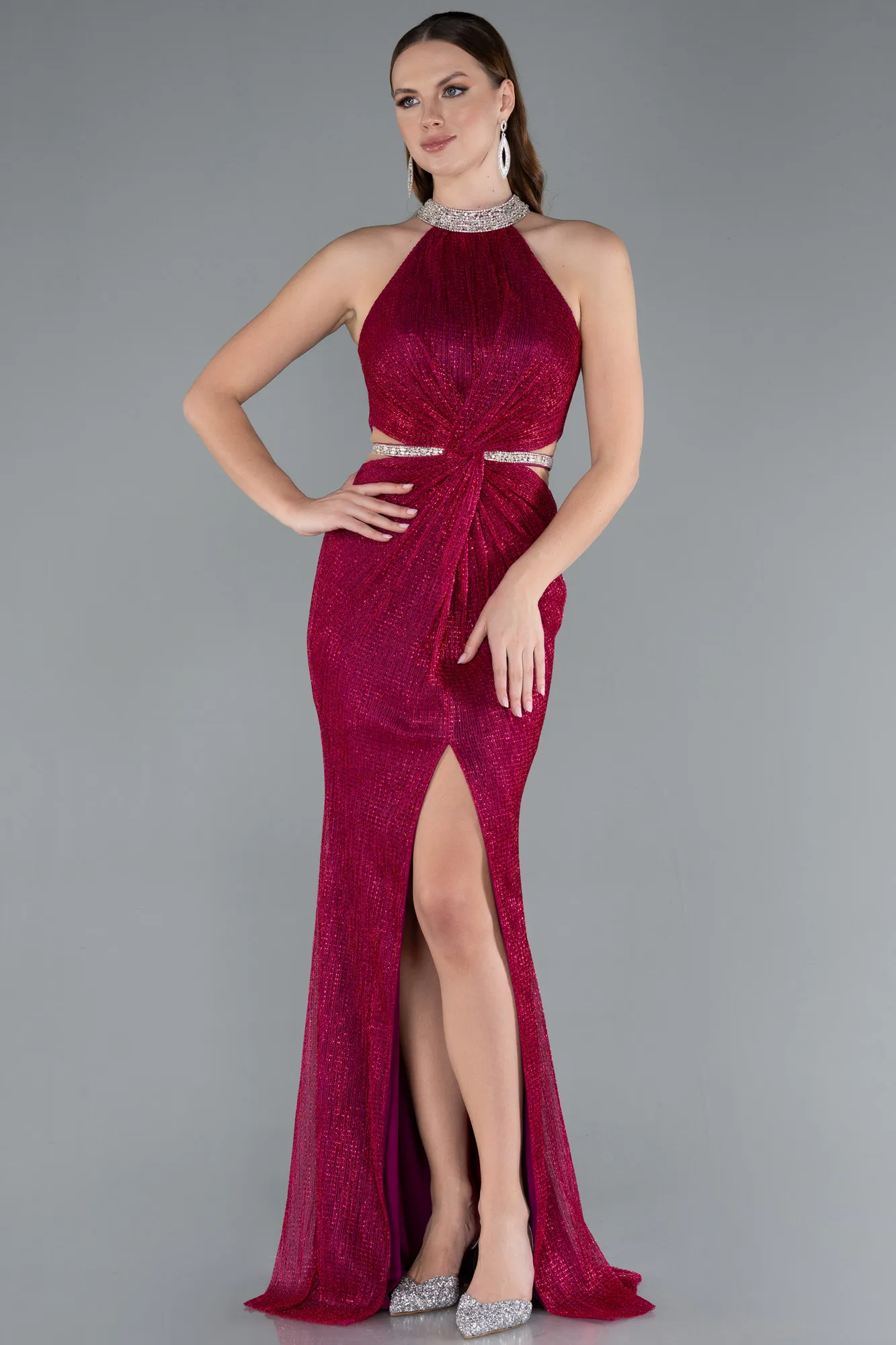Fuchsia-Halter Neck Slit Long Glitter Mermaid Evening Gown ABU4766