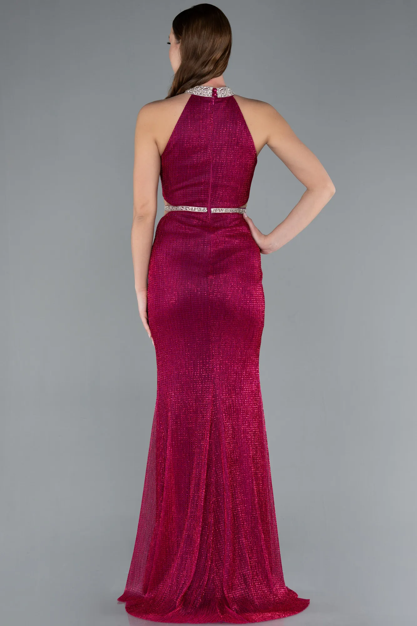 Fuchsia-Halter Neck Slit Long Glitter Mermaid Evening Gown ABU4766