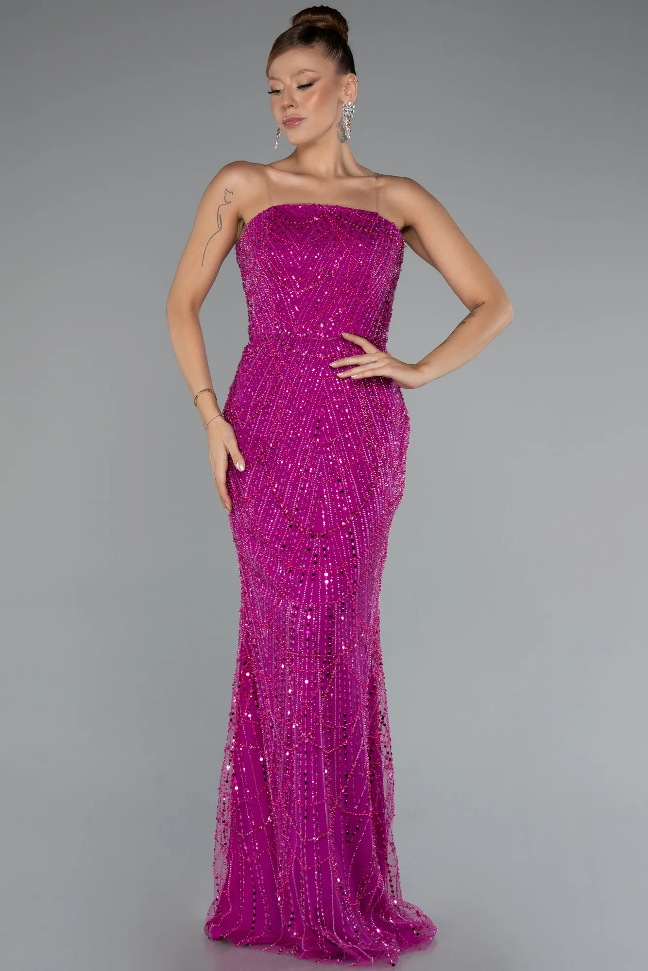 Fuchsia-Long Beaded Evening Dress ABU5141