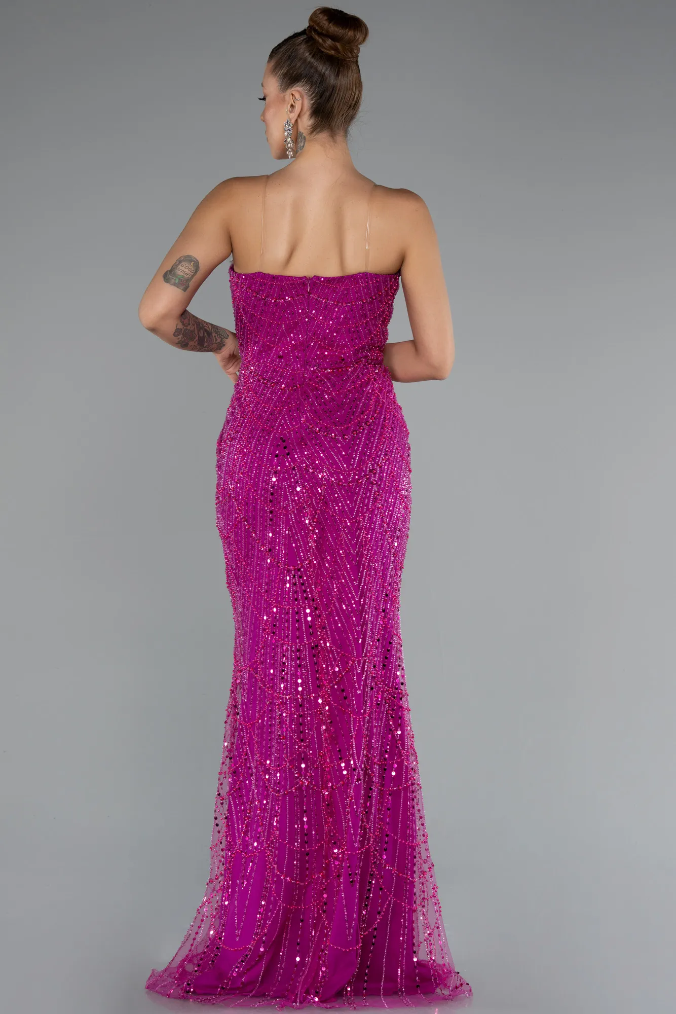Fuchsia-Long Beaded Evening Dress ABU5141