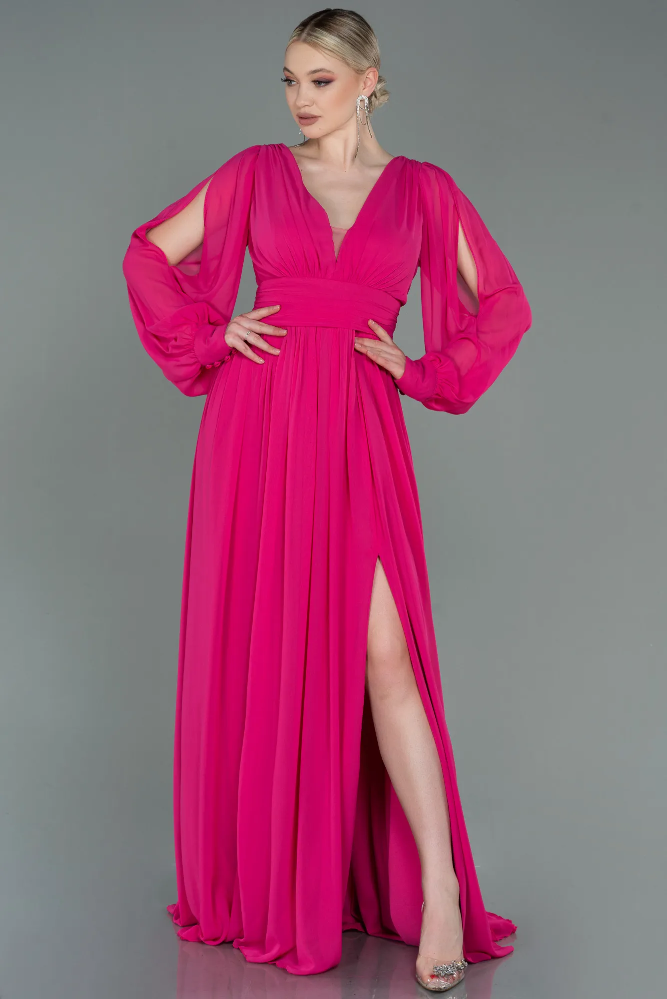 Fuchsia-Long Chiffon Evening Dress ABU1702