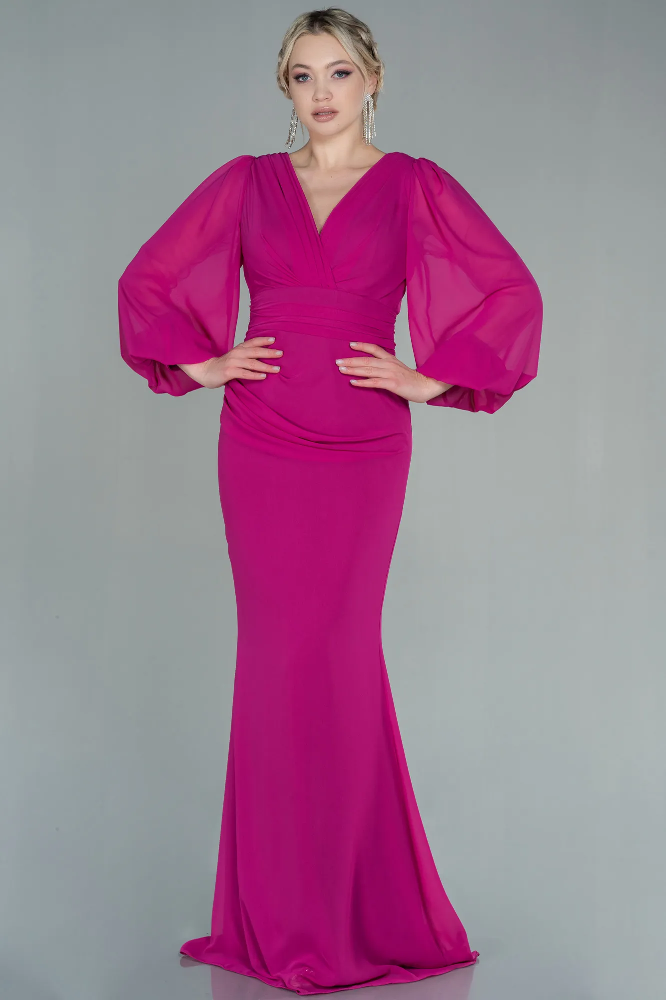 Fuchsia-Long Chiffon Evening Dress ABU2818
