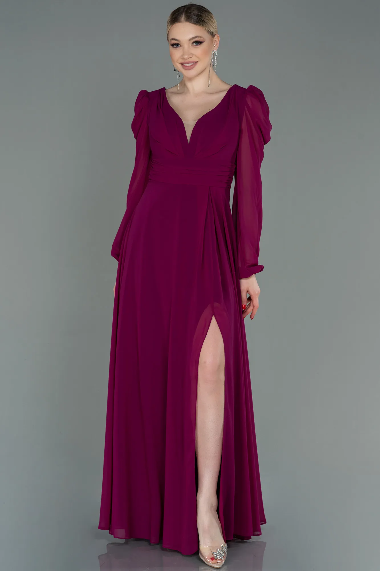 Fuchsia-Long Chiffon Evening Dress ABU3085