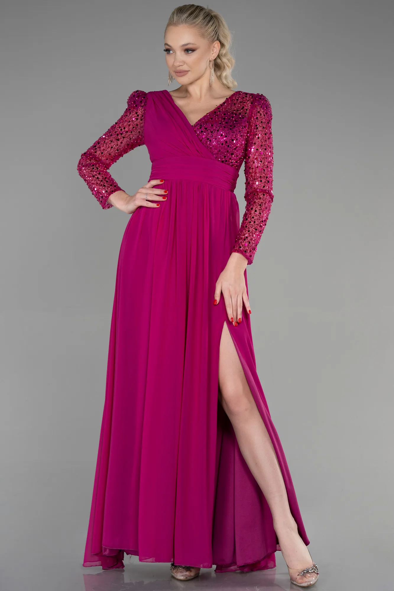 Fuchsia-Long Chiffon Evening Dress ABU3262