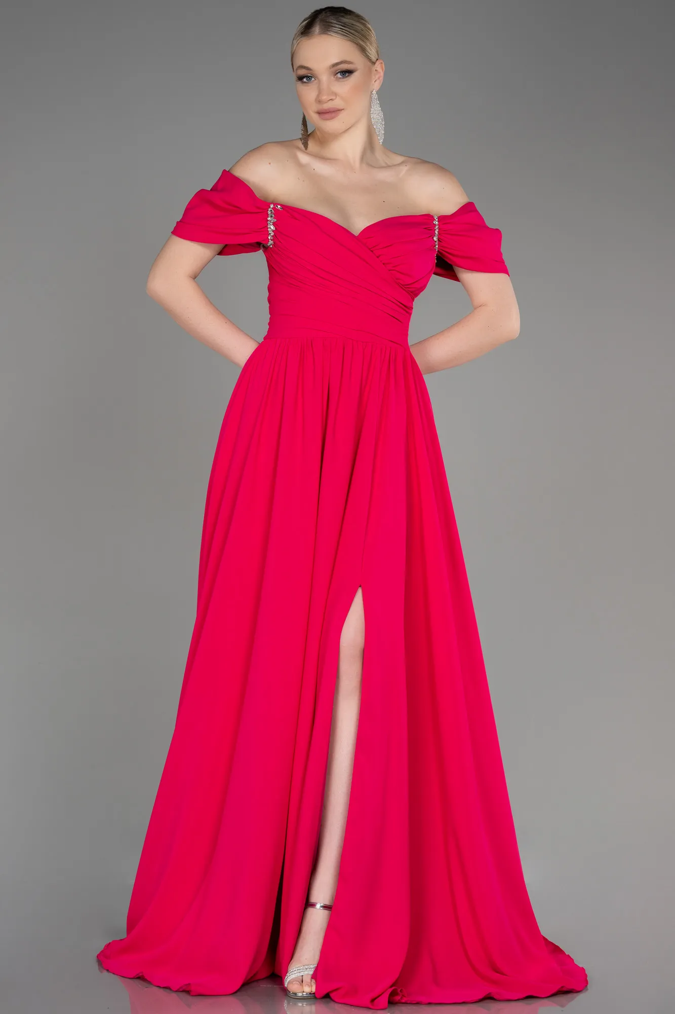 Fuchsia-Long Chiffon Evening Dress ABU3827