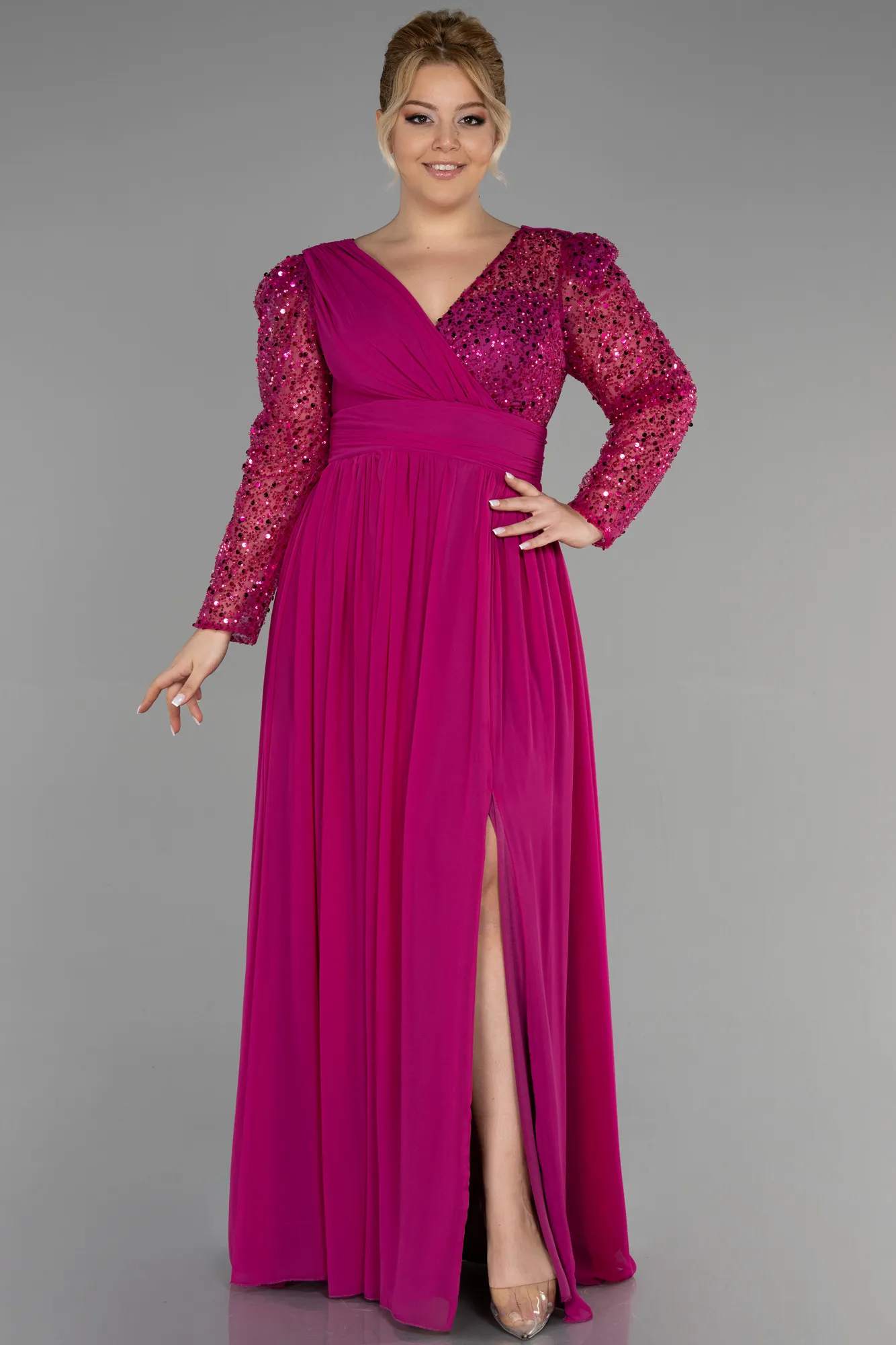 Fuchsia-Long Chiffon Plus Size Evening Dress ABU3264