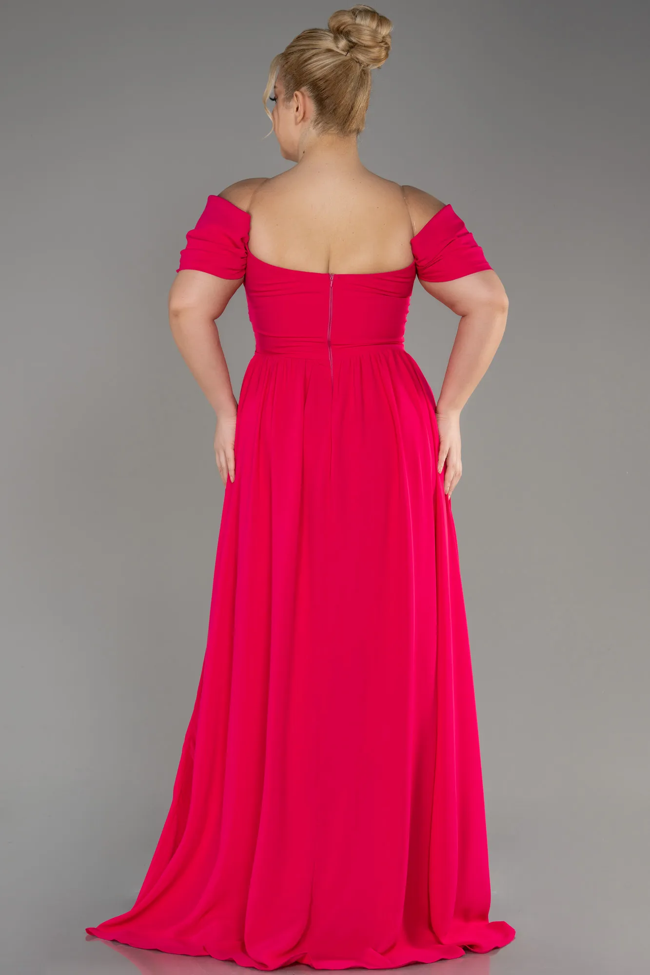Fuchsia-Boat Neck Long Chiffon Plus Size Prom Dress ABU3738