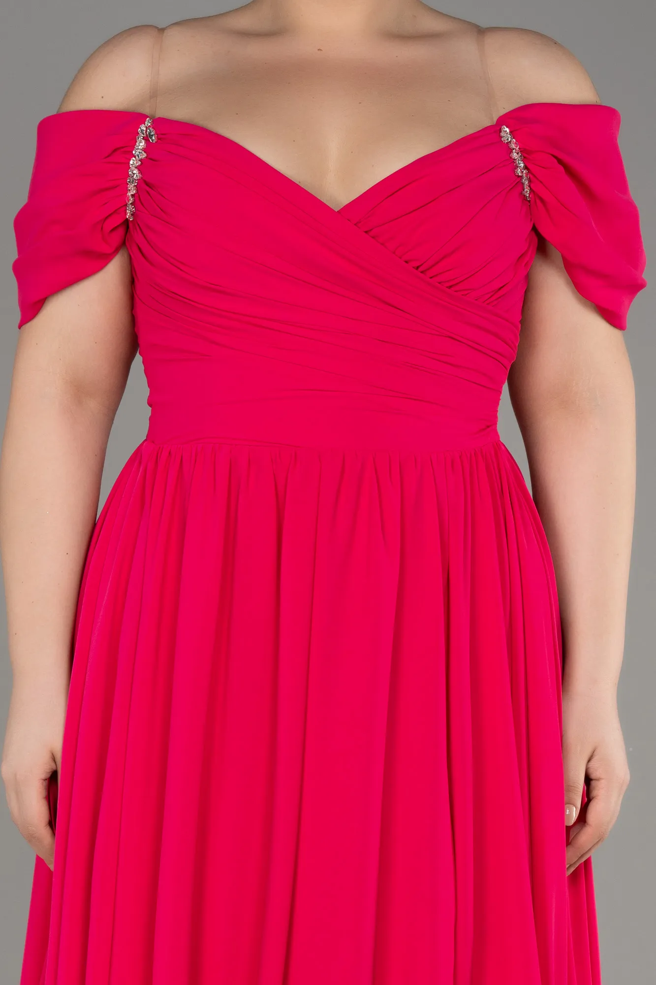 Fuchsia-Boat Neck Long Chiffon Plus Size Prom Dress ABU3738