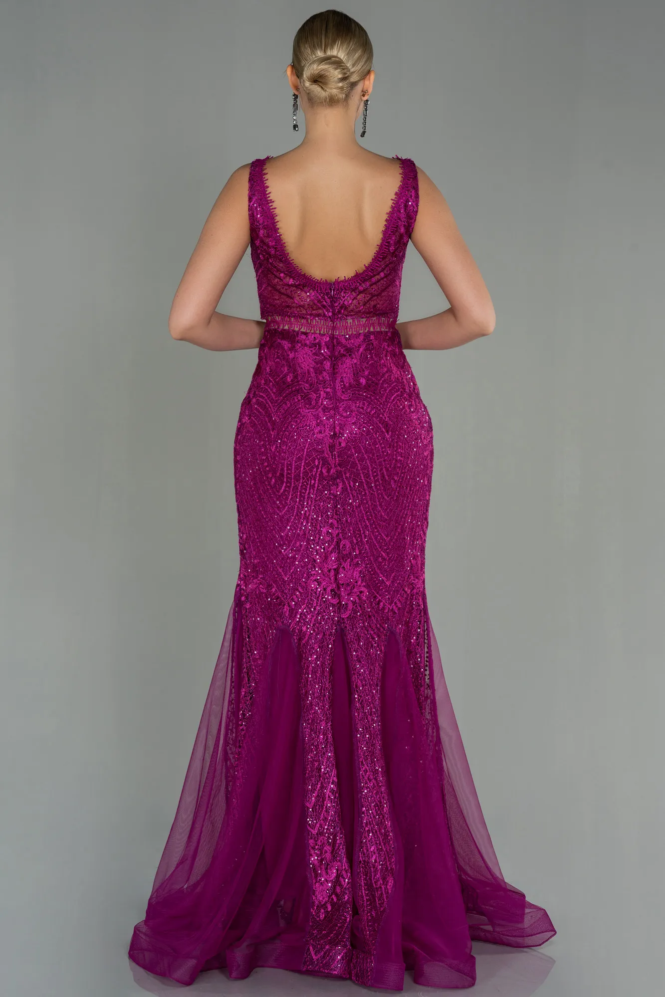 Fuchsia-Long Laced Evening Dress ABU1611