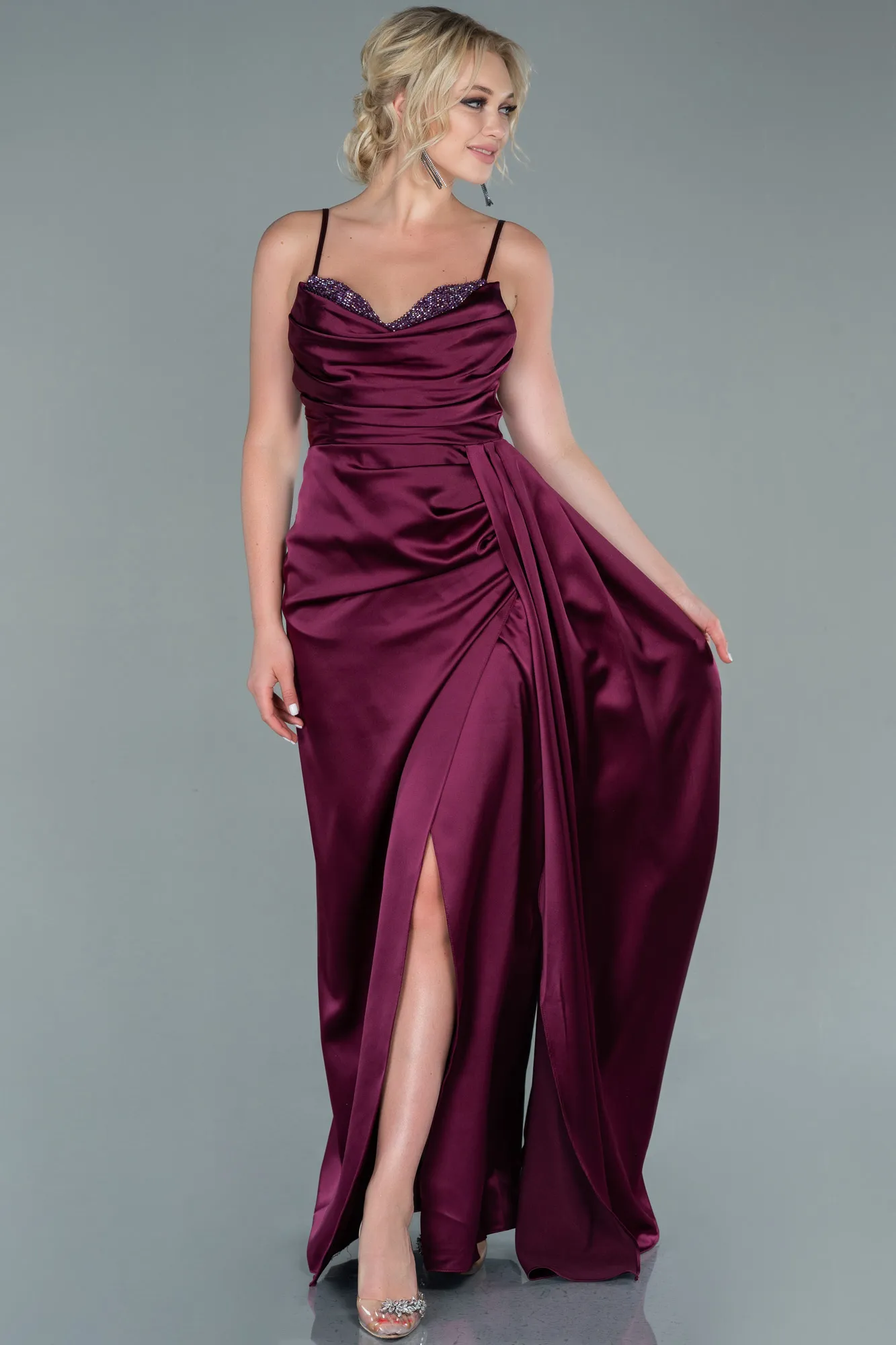 Fuchsia-Long Satin Evening Dress ABU2477