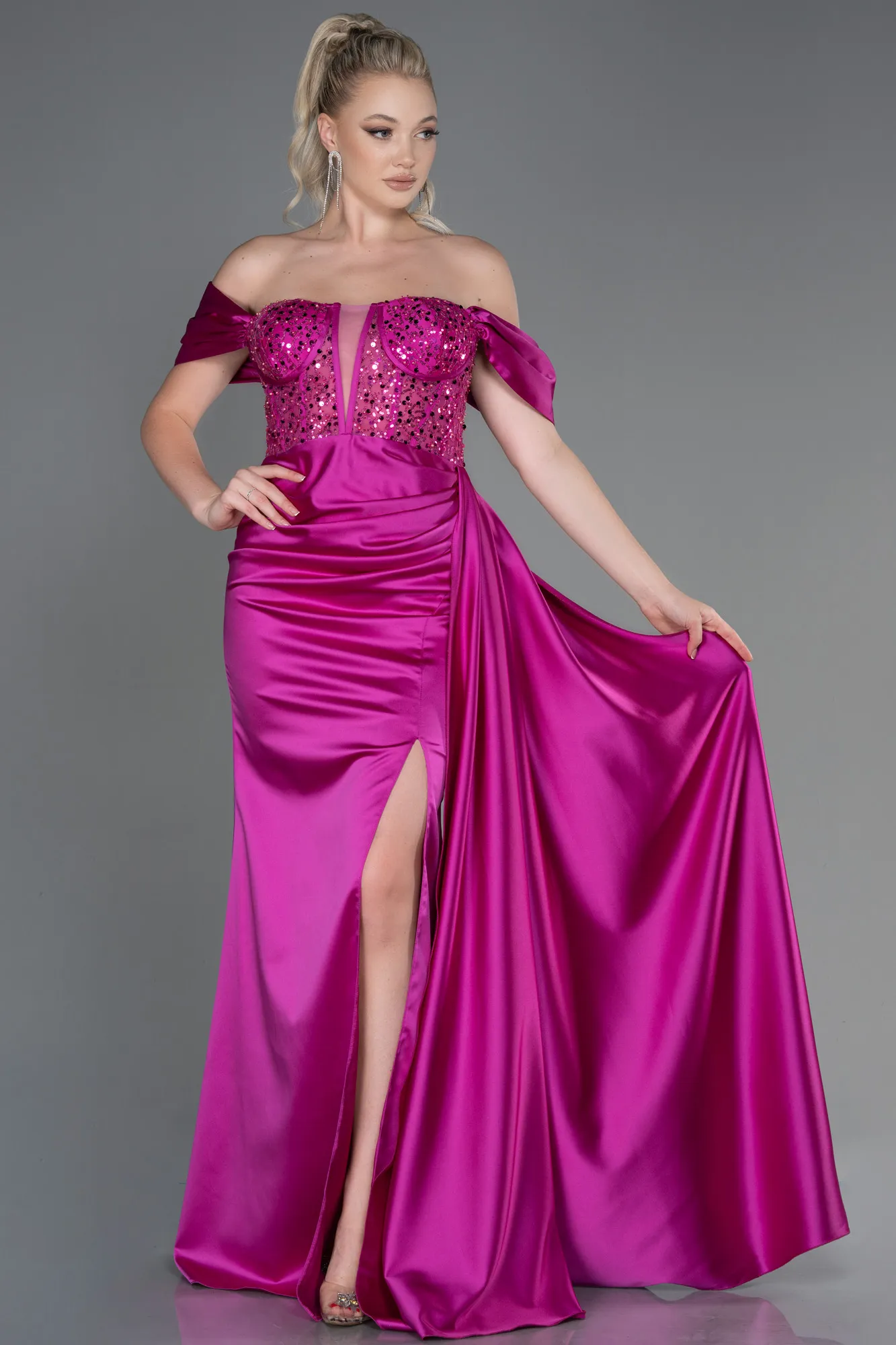 Fuchsia-Long Satin Evening Dress ABU3100
