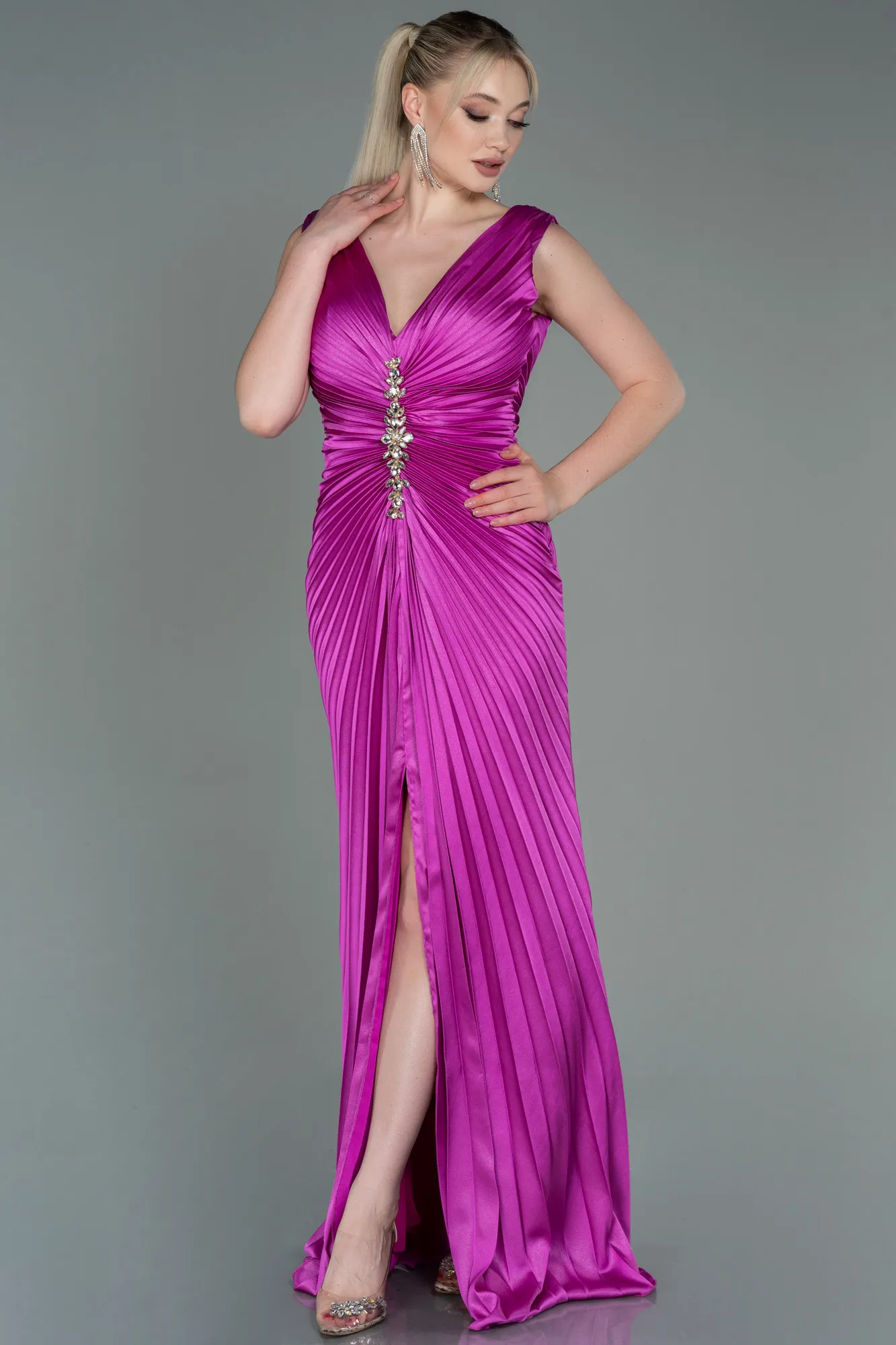 Fuchsia-Long Satin Evening Dress ABU3183
