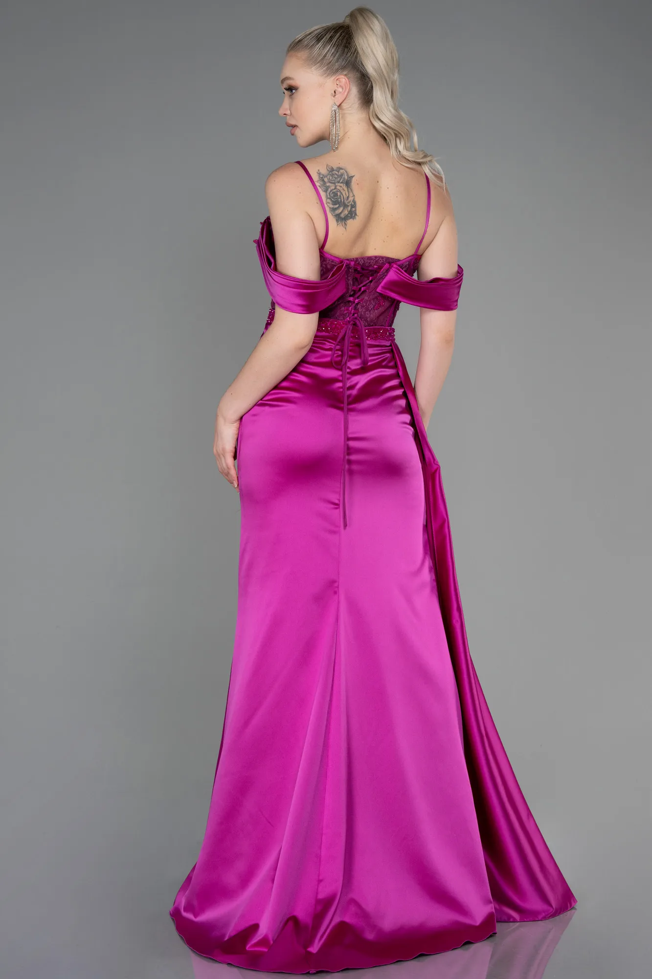 Fuchsia-Long Satin Evening Dress ABU3227