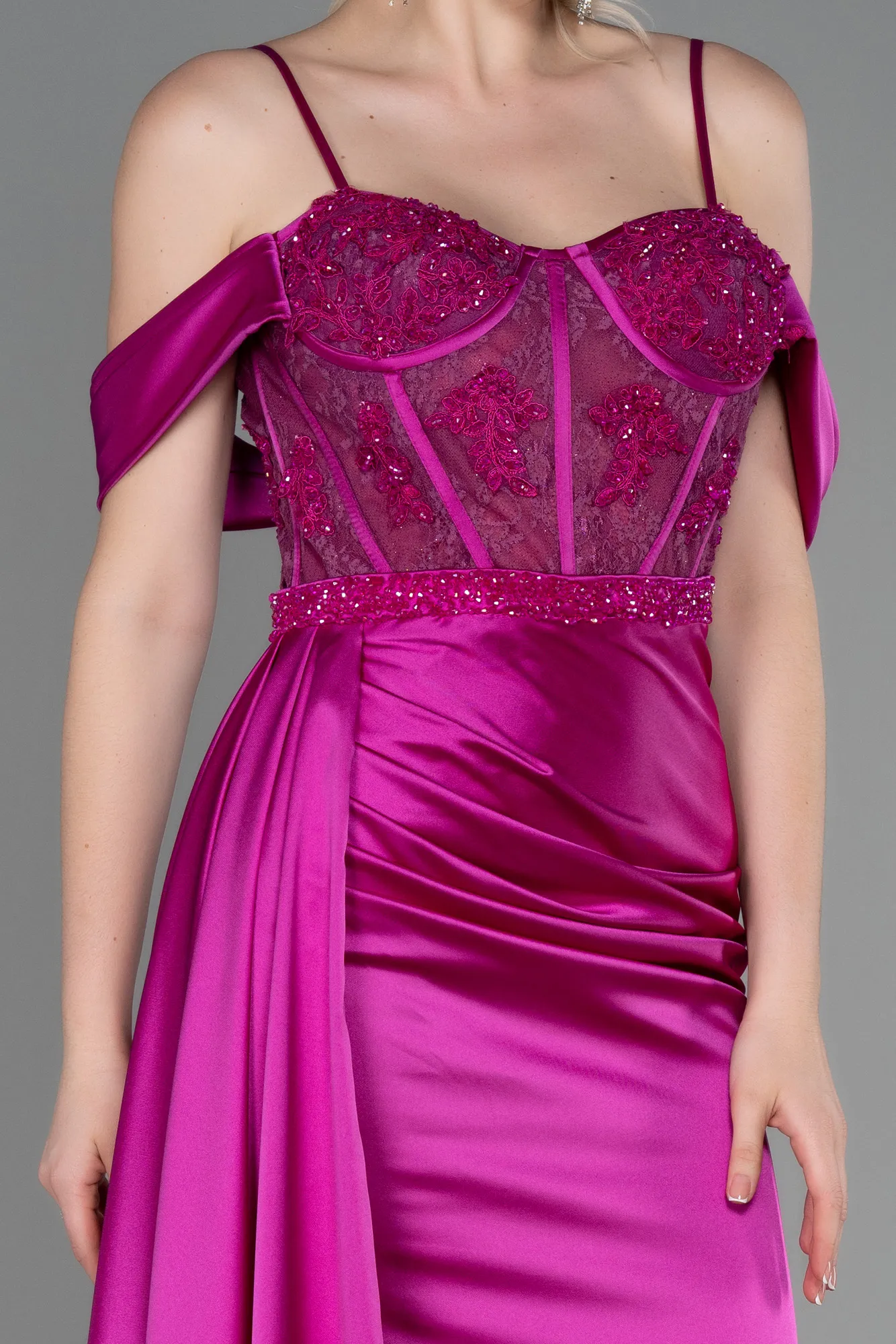 Fuchsia-Long Satin Evening Dress ABU3227