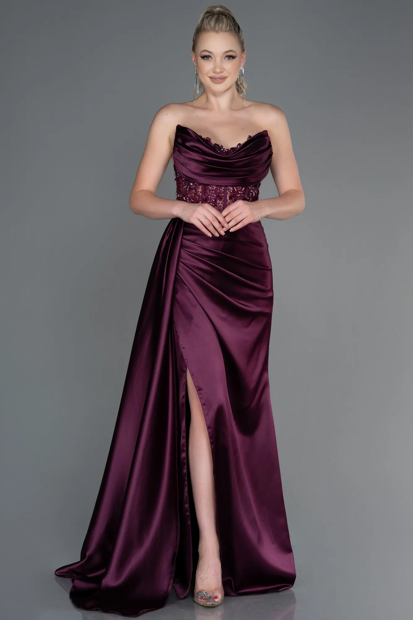 Fuchsia-Long Satin Evening Dress ABU3447