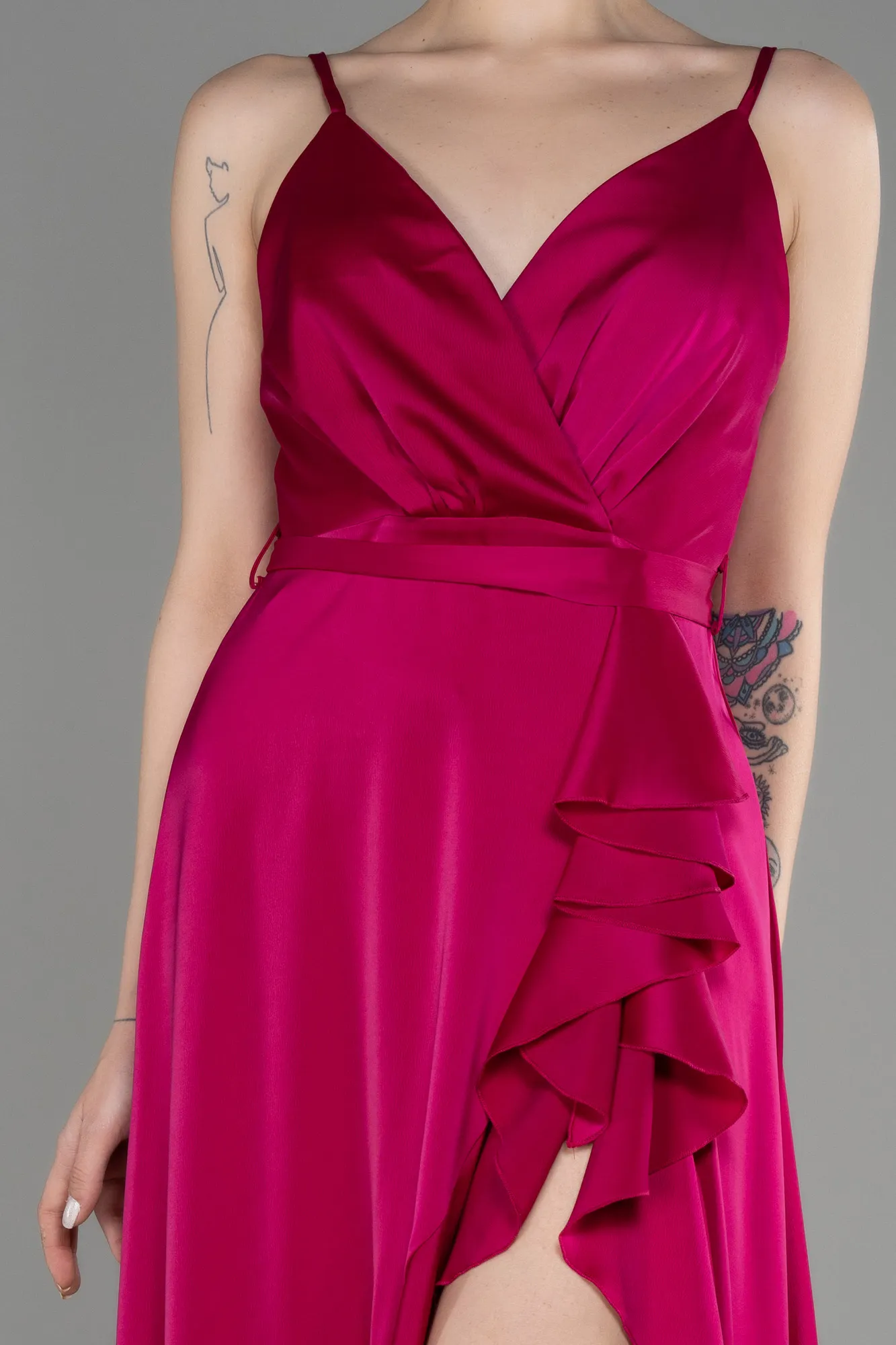 Fuchsia-Long Satin Evening Dress ABU3807