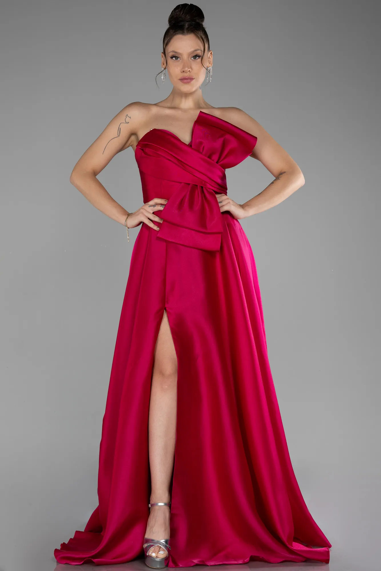 Fuchsia-Long Satin Evening Dress ABU4222