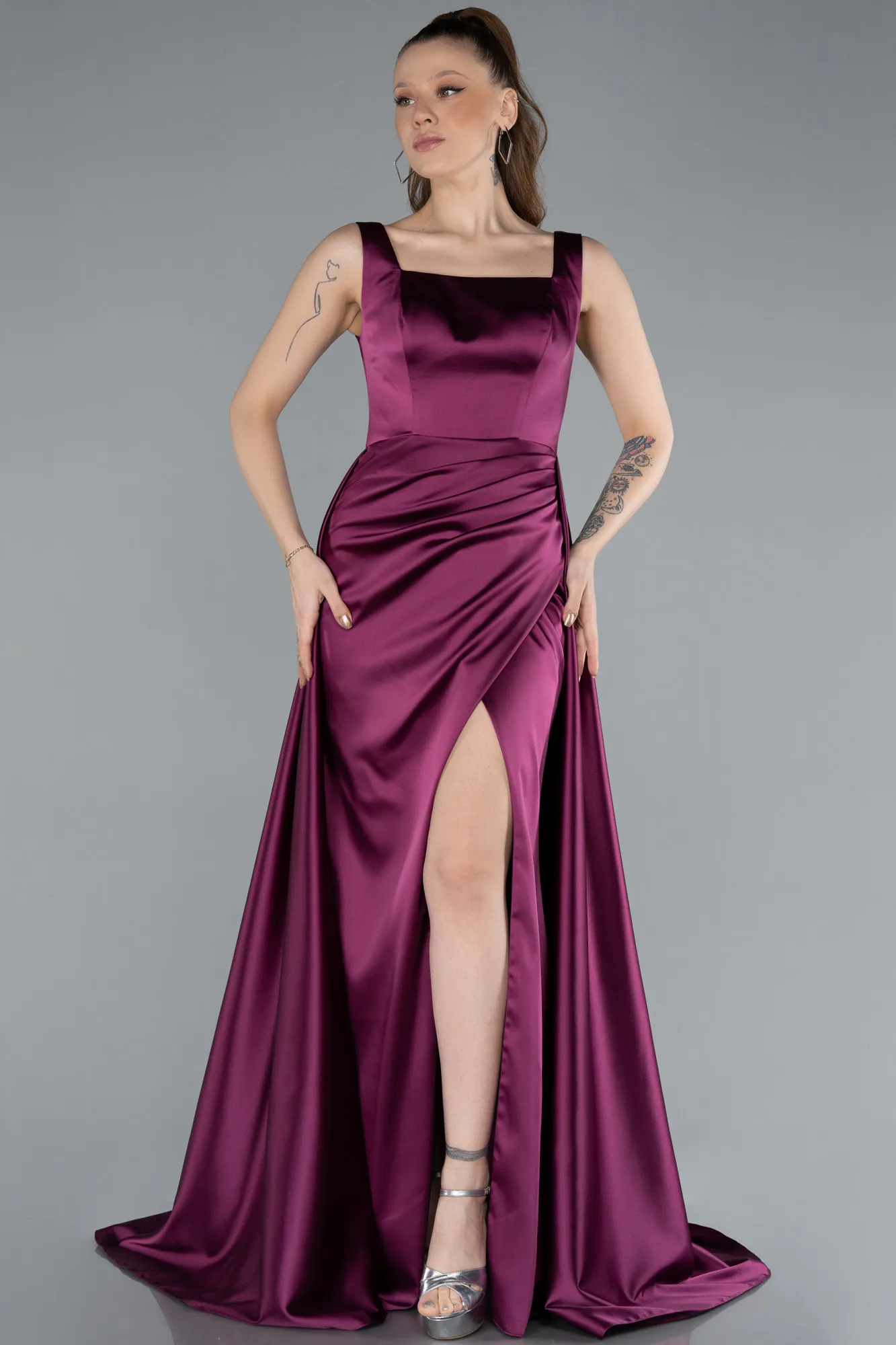 Fuchsia-Long Satin Evening Dress ABU4715