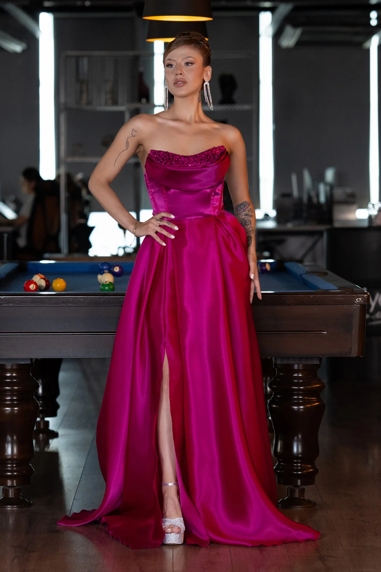 Fuchsia-Long Satin Evening Dress ABU5064