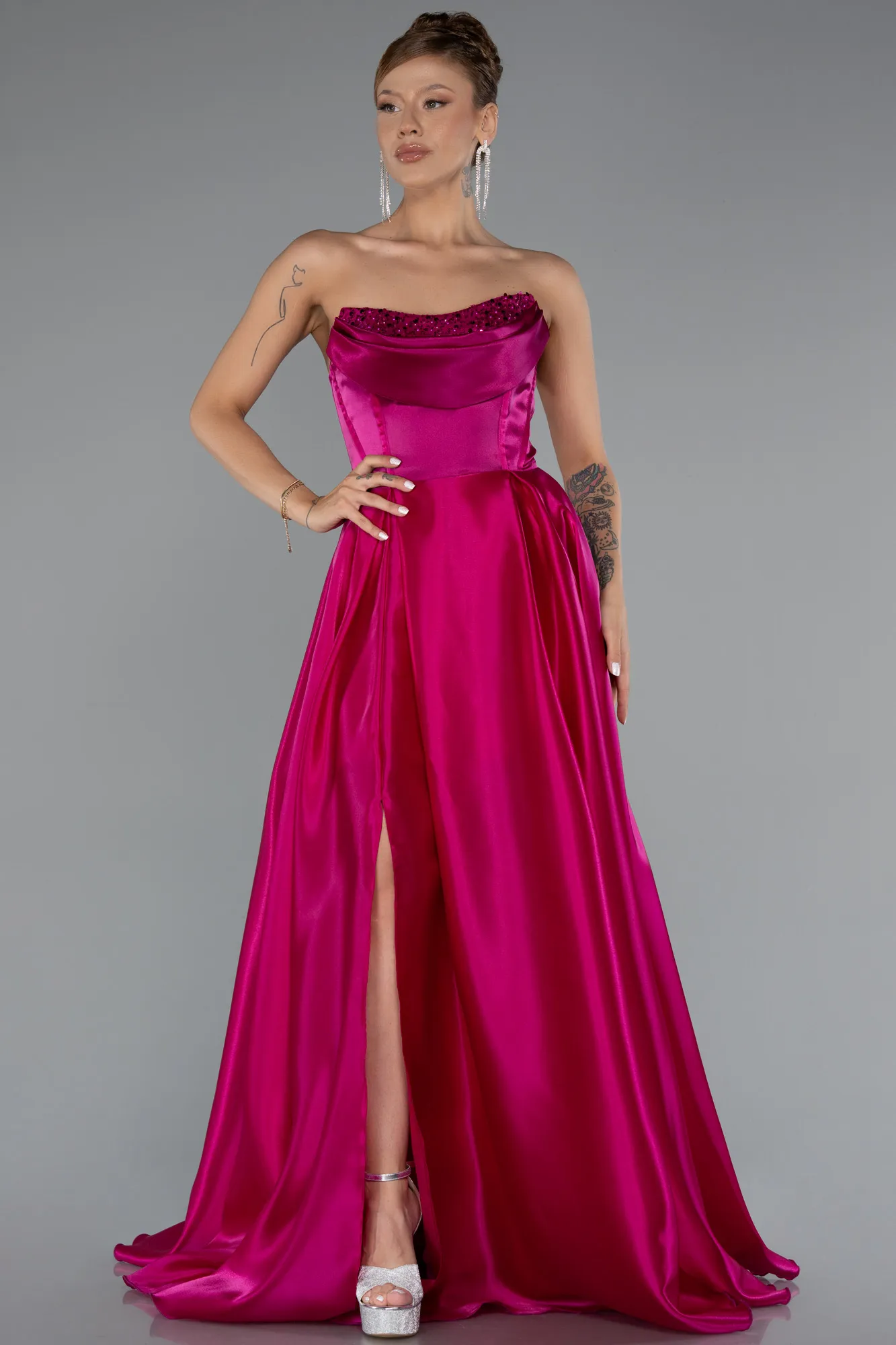 Fuchsia-Long Satin Evening Dress ABU5064
