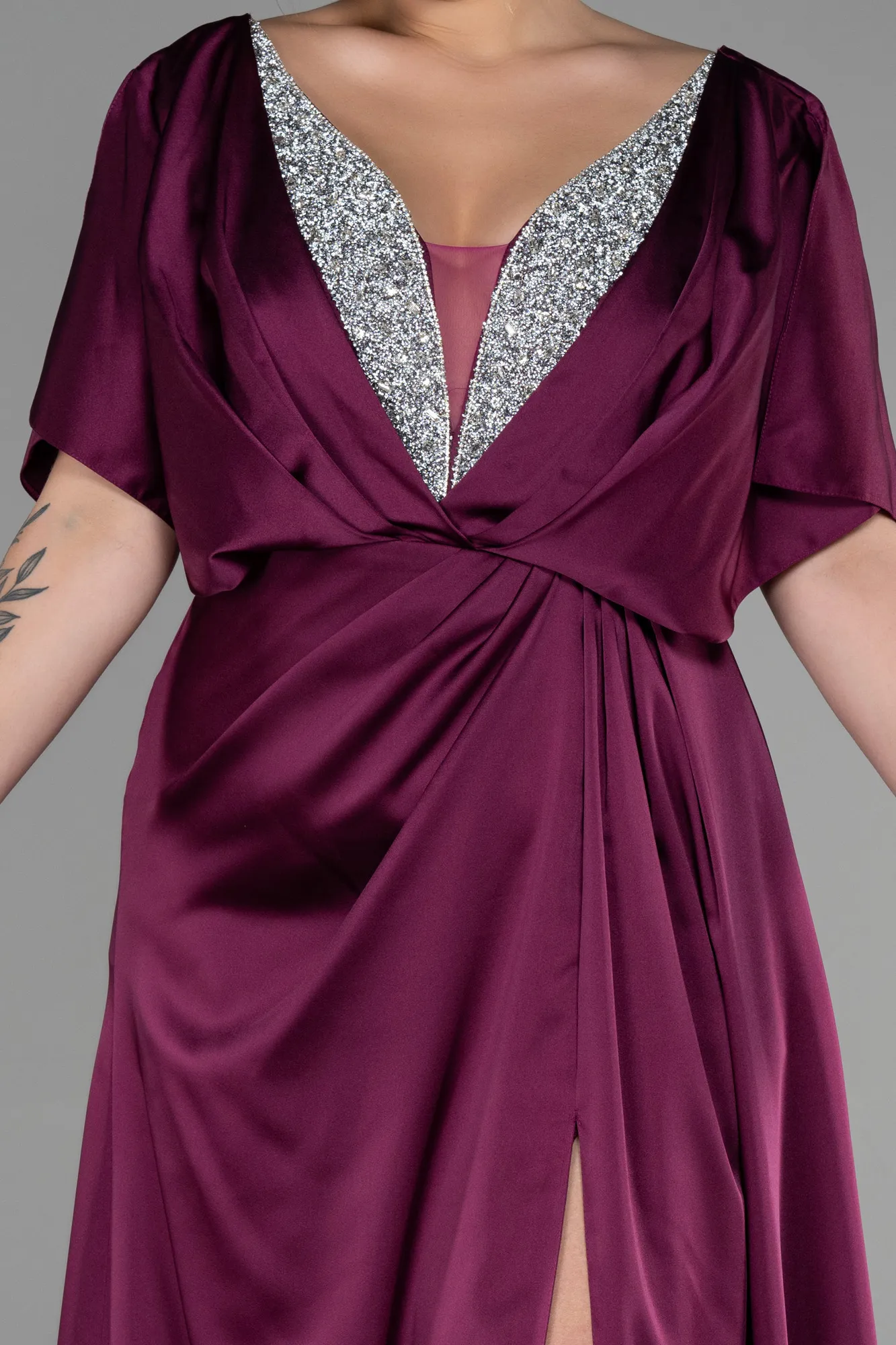 Fuchsia-Long Satin Plus Size Engagement Dress ABU3442