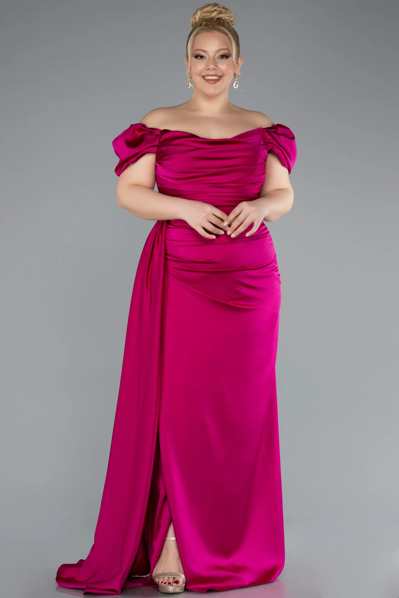 Fuchsia-Long Satin Plus Size Evening Dress ABU1626