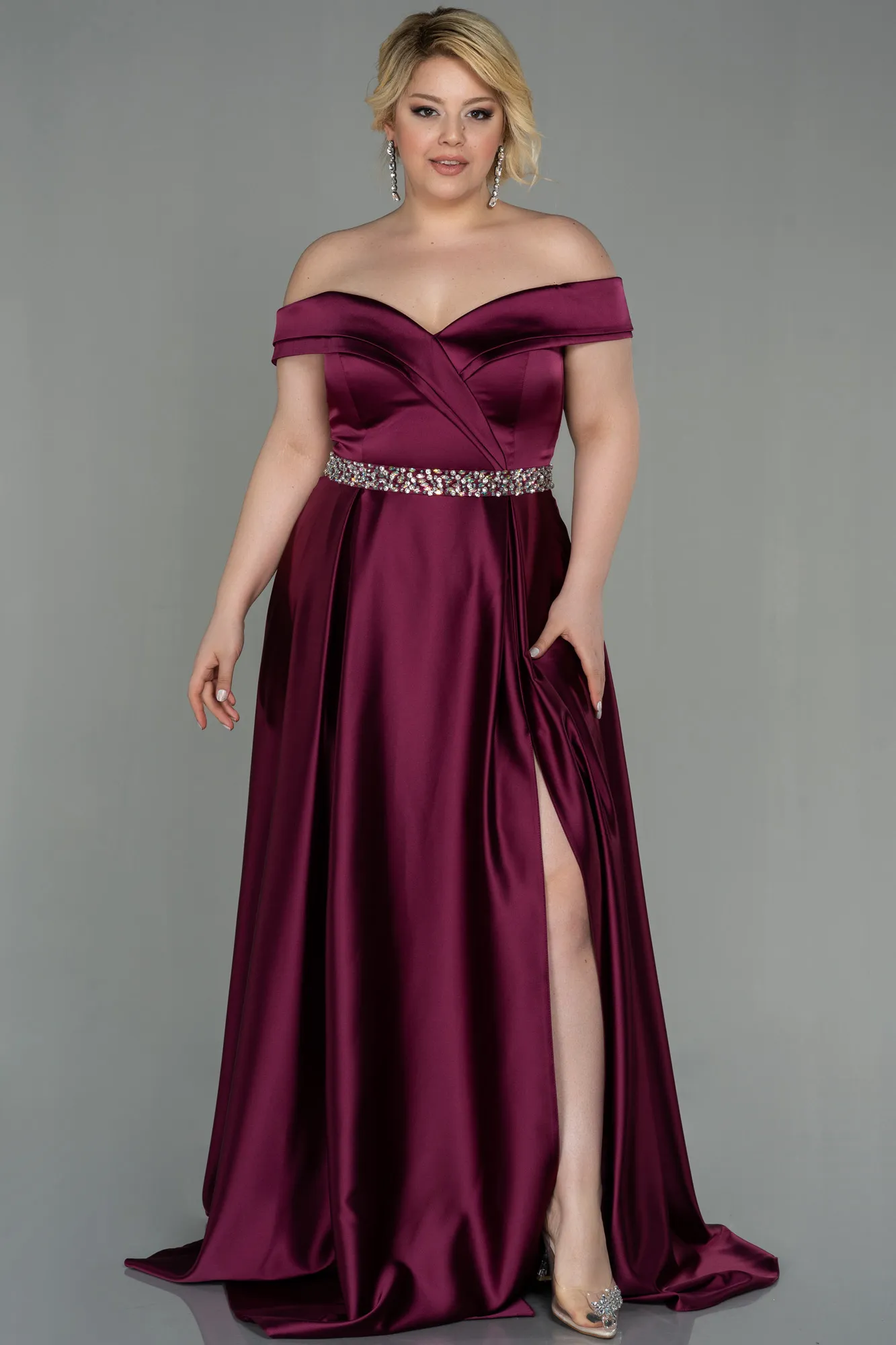 Fuchsia-Long Satin Plus Size Evening Dress ABU3017