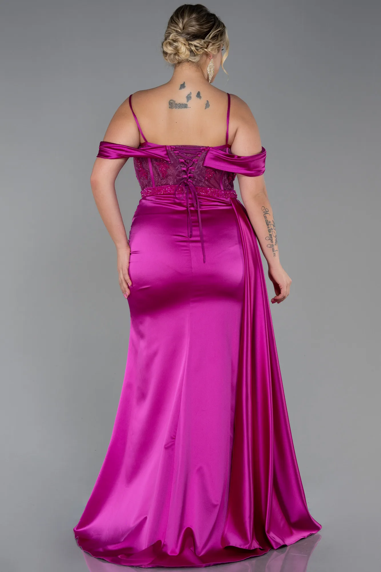 Fuchsia-Long Satin Plus Size Evening Dress ABU3228