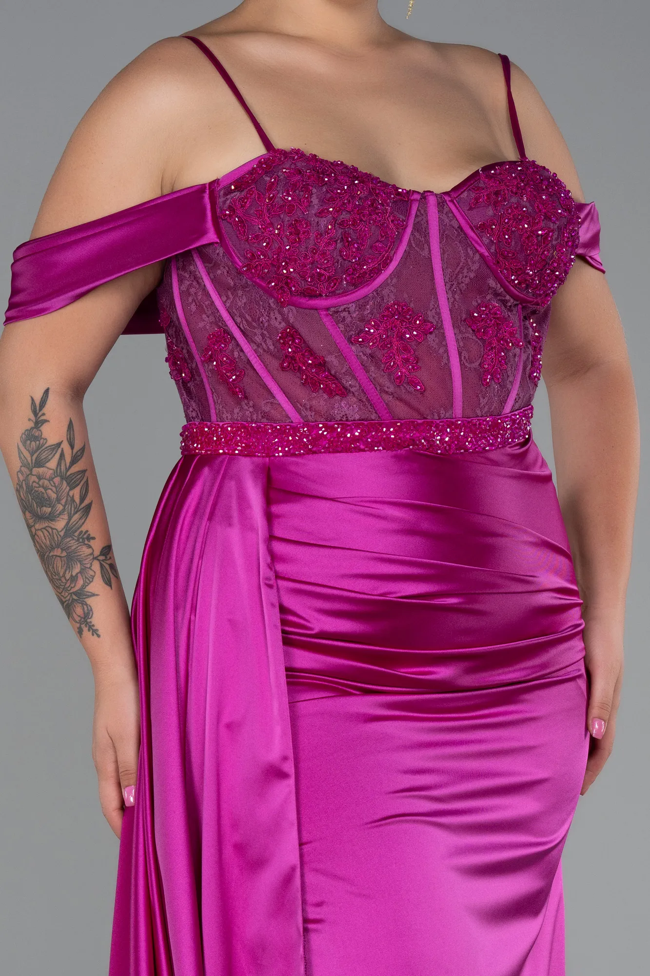 Fuchsia-Long Satin Plus Size Evening Dress ABU3228