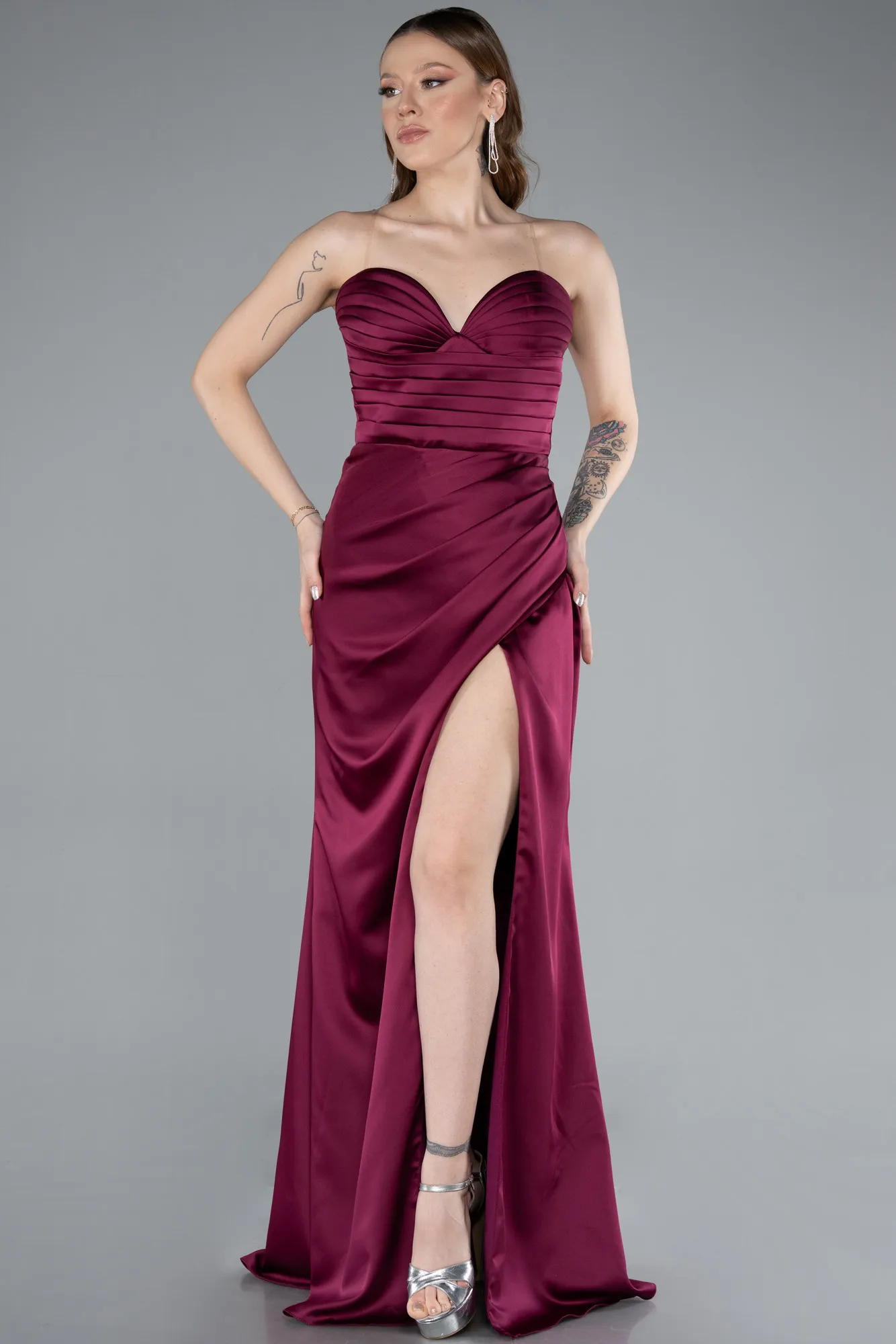 Fuchsia-Long Satin Prom Gown ABU4663