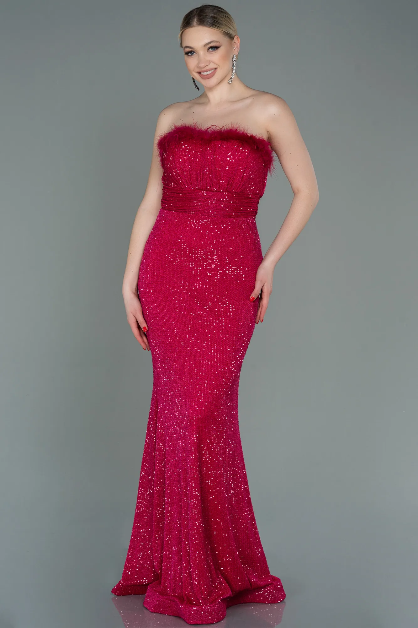 Fuchsia-Long Scaly Evening Dress ABU3067