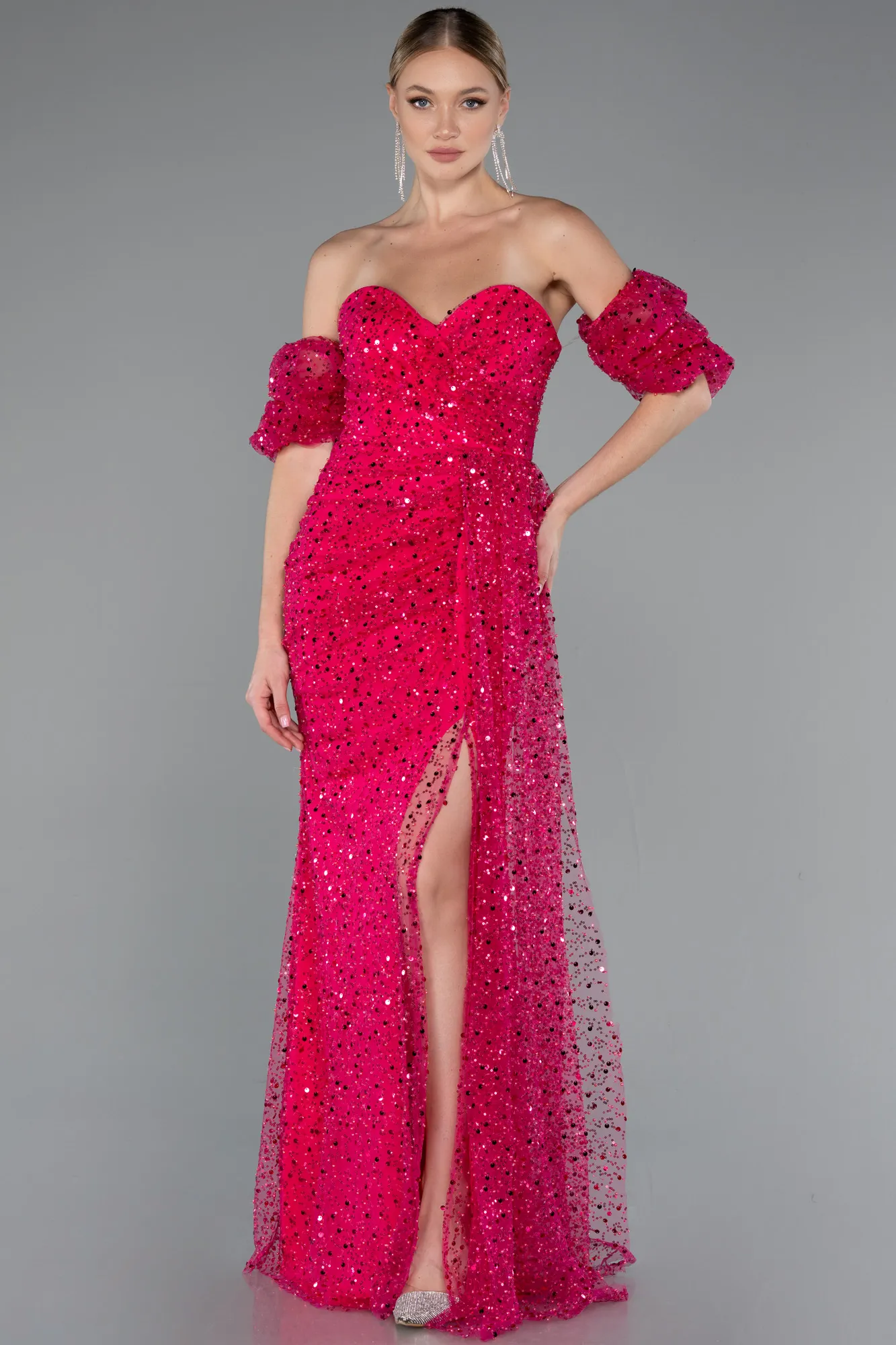Fuchsia-Long Scaly Evening Dress ABU5075
