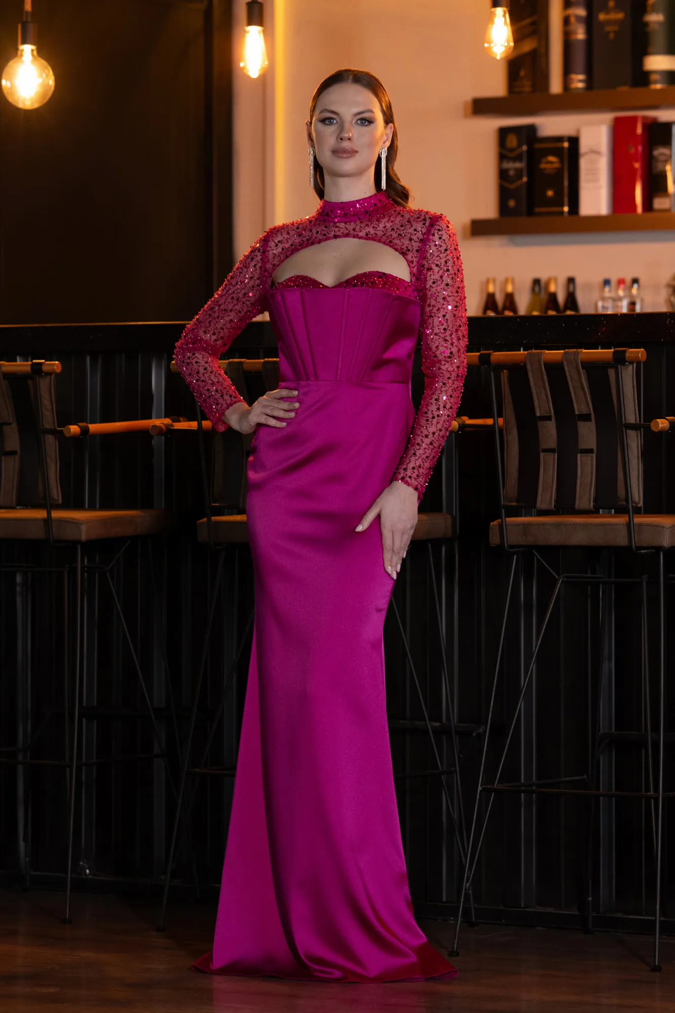 Fuchsia-Long Sleeve Bustier Detailed Sequin Train Satin Evening Gown ABU4765