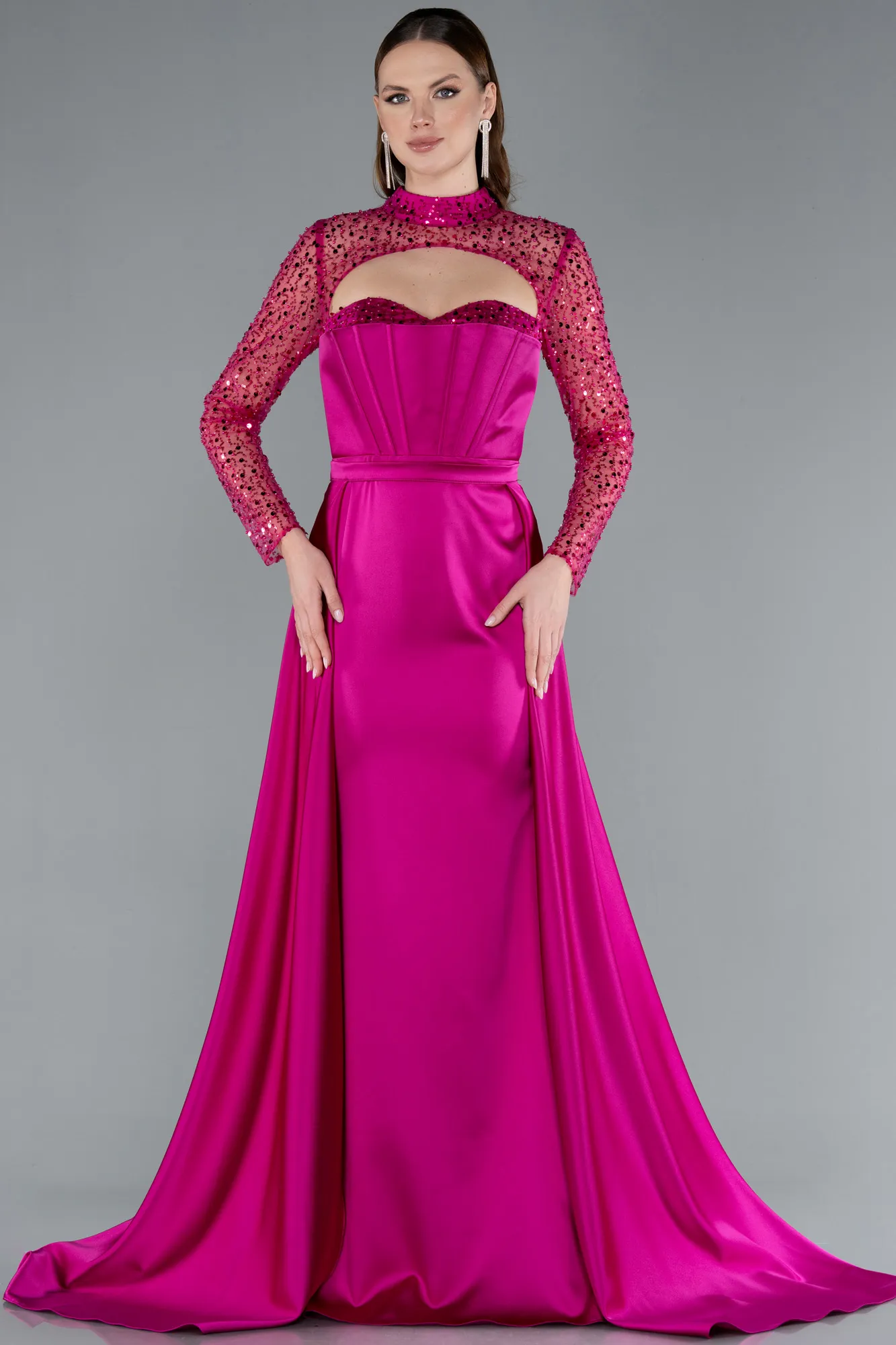 Fuchsia-Long Sleeve Bustier Detailed Sequin Train Satin Evening Gown ABU4765