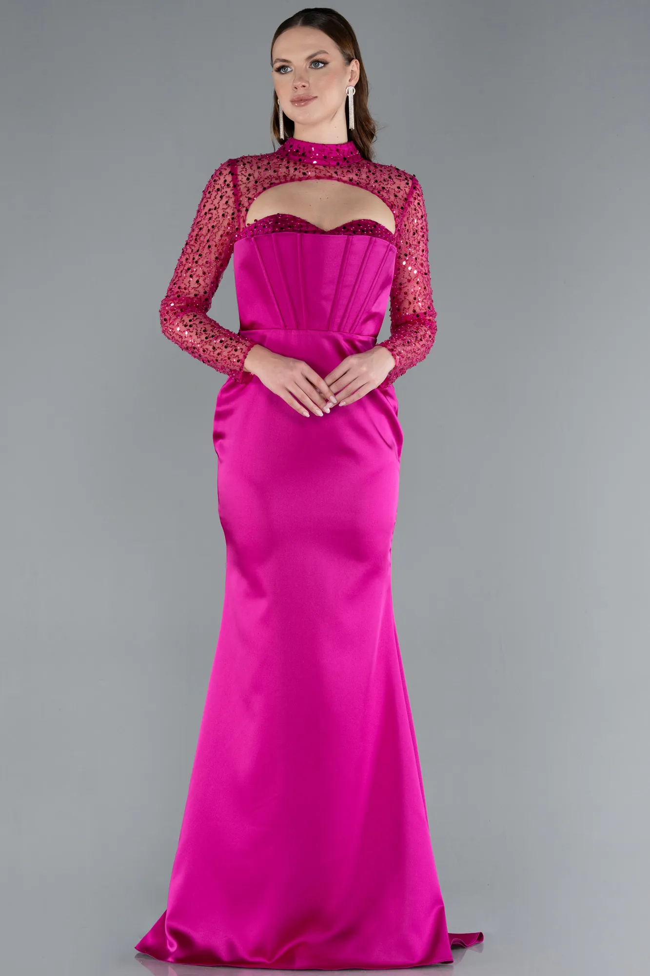 Fuchsia-Long Sleeve Bustier Detailed Sequin Train Satin Evening Gown ABU4765