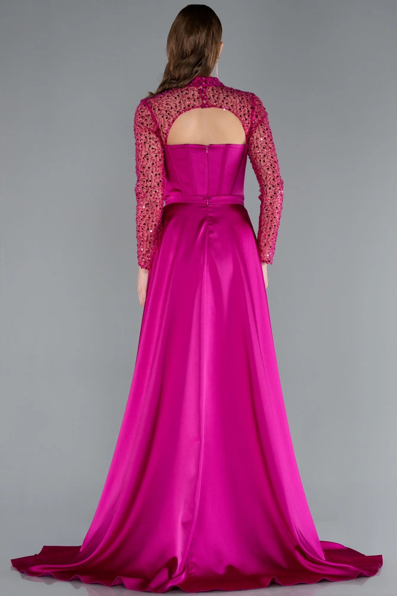 Fuchsia-Long Sleeve Bustier Detailed Sequin Train Satin Evening Gown ABU4765