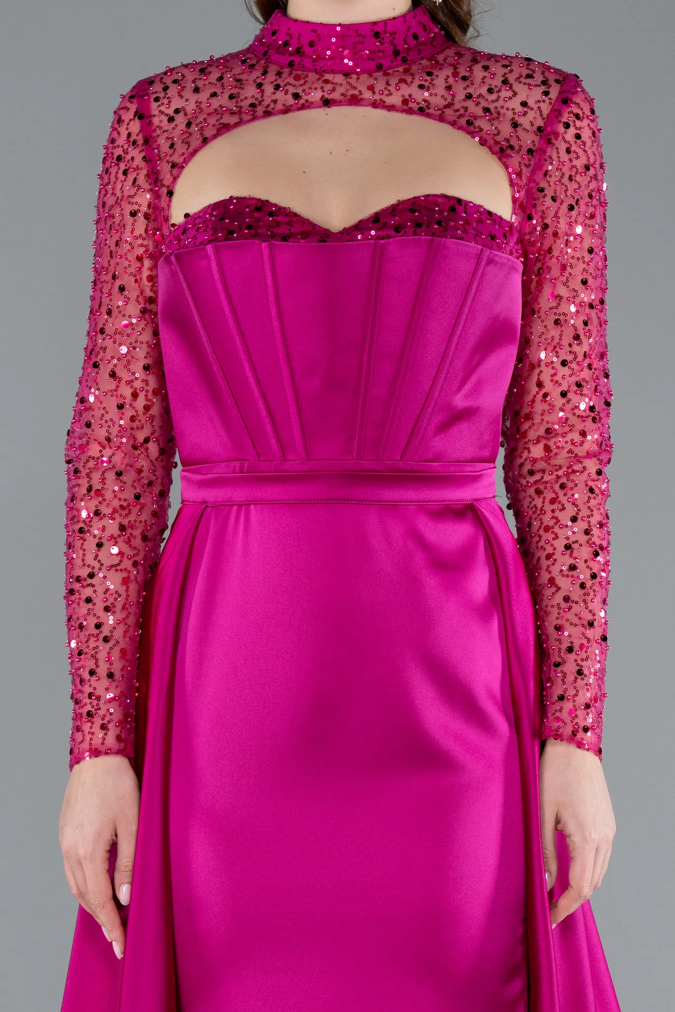 Fuchsia-Long Sleeve Bustier Detailed Sequin Train Satin Evening Gown ABU4765