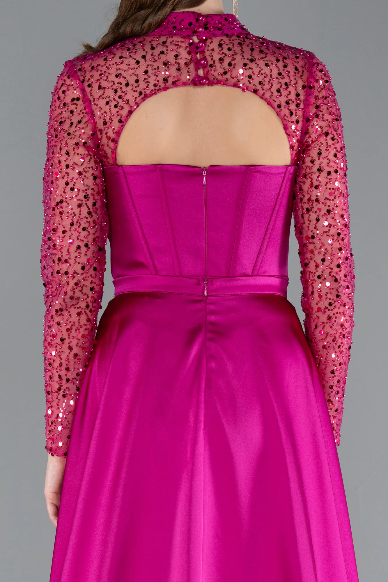 Fuchsia-Long Sleeve Bustier Detailed Sequin Train Satin Evening Gown ABU4765