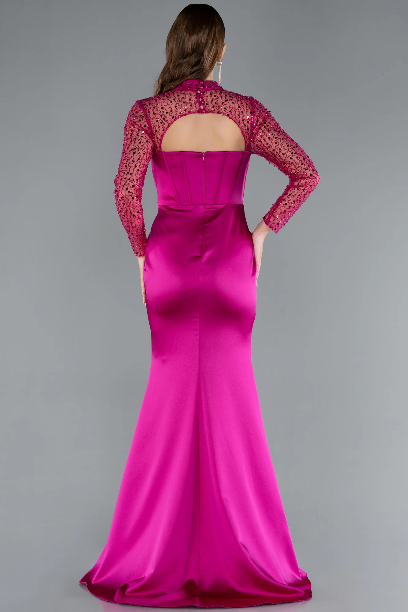 Fuchsia-Long Sleeve Bustier Detailed Sequin Train Satin Evening Gown ABU4765