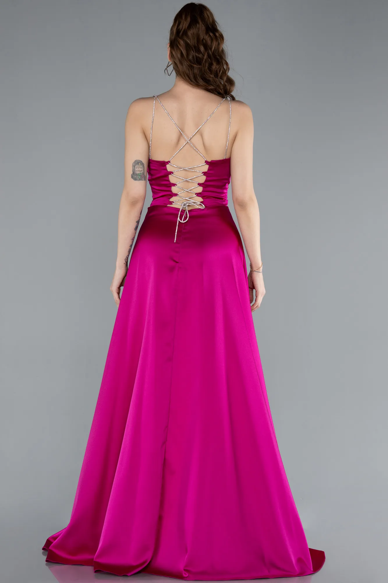 Fuchsia-Low Cut Back Long Satin Prom Dress ABU4702