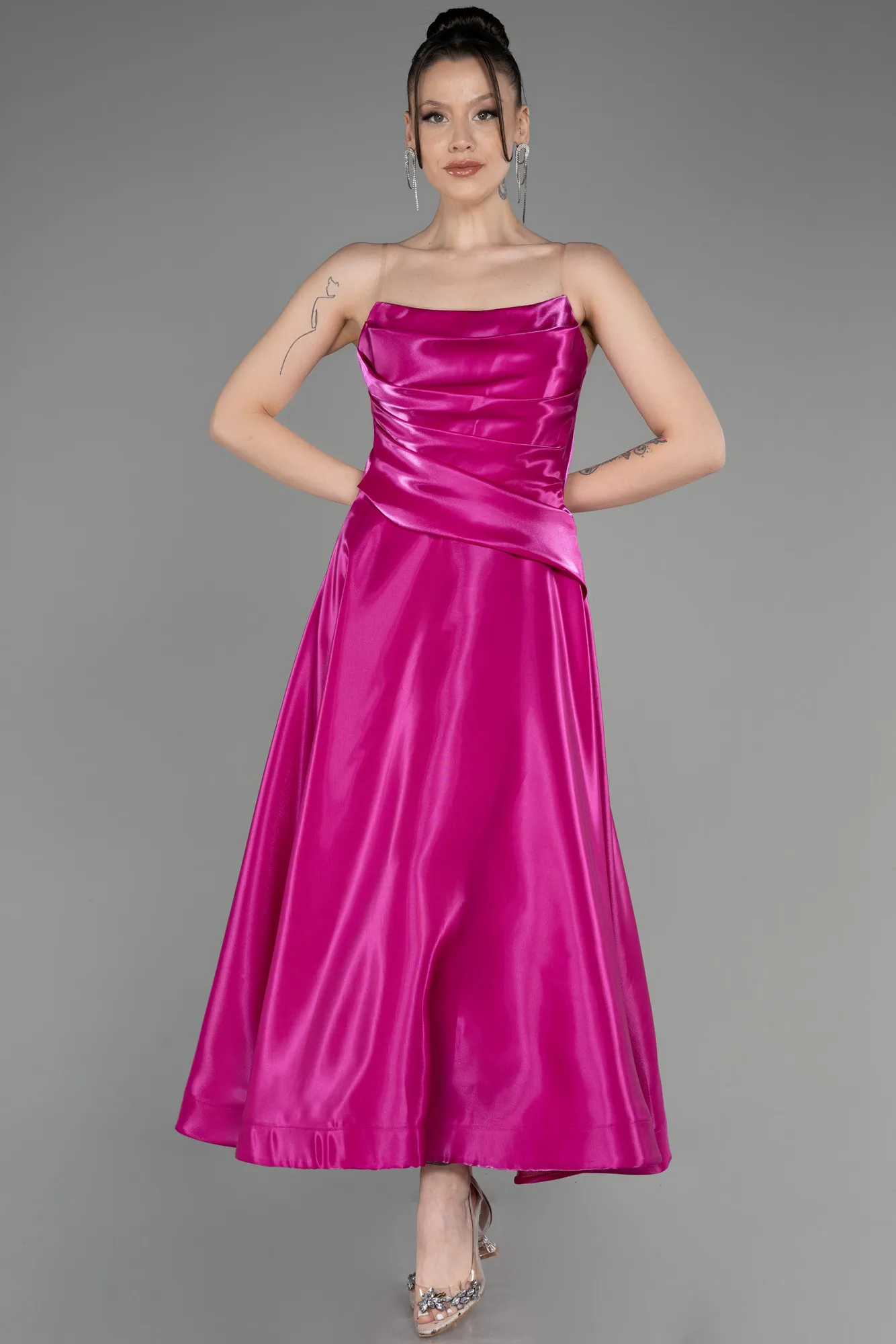 Fuchsia-Midi Satin Cocktail Dress ABK2018