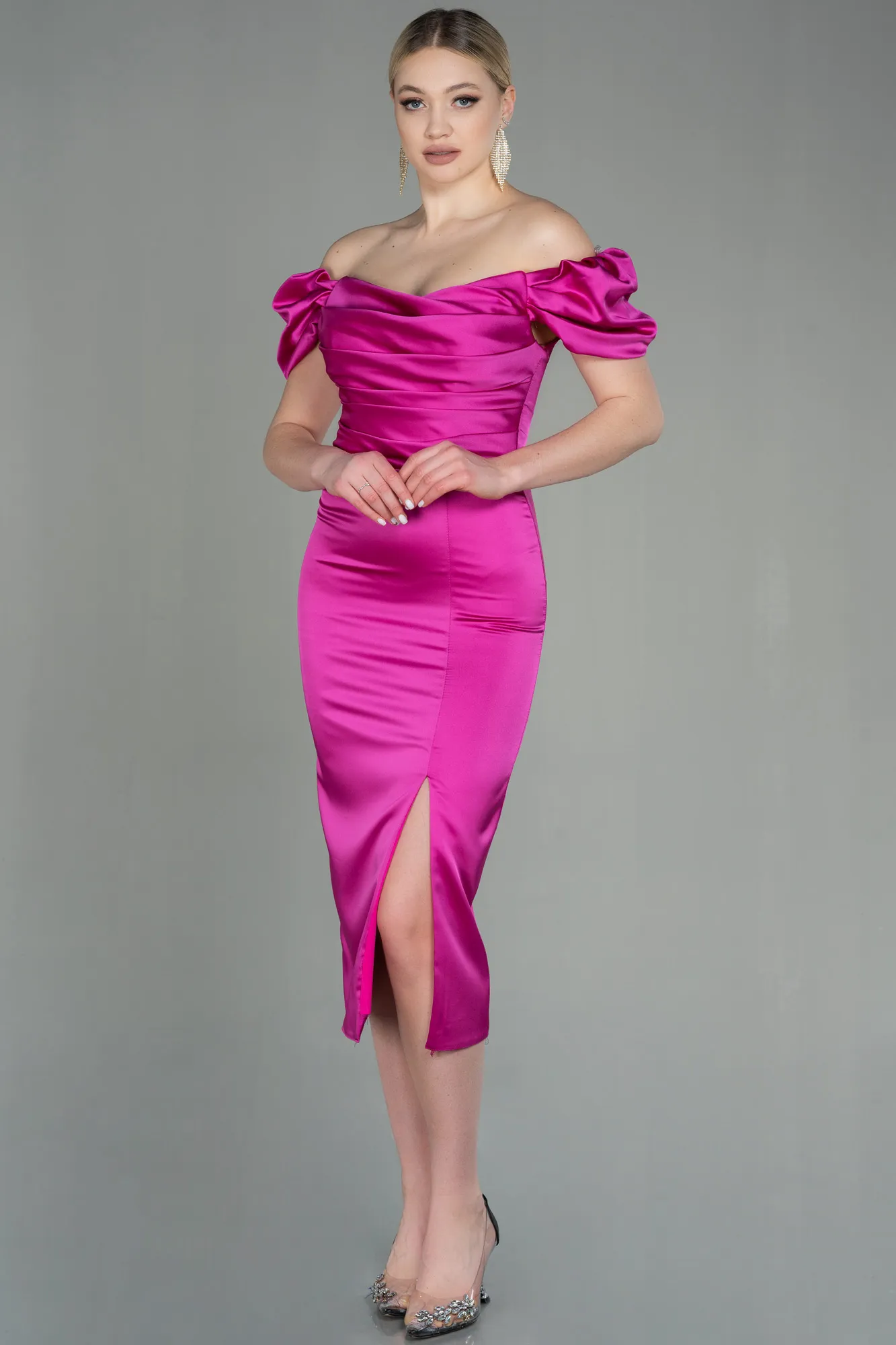 Fuchsia-Midi Satin Night Dress ABK1601